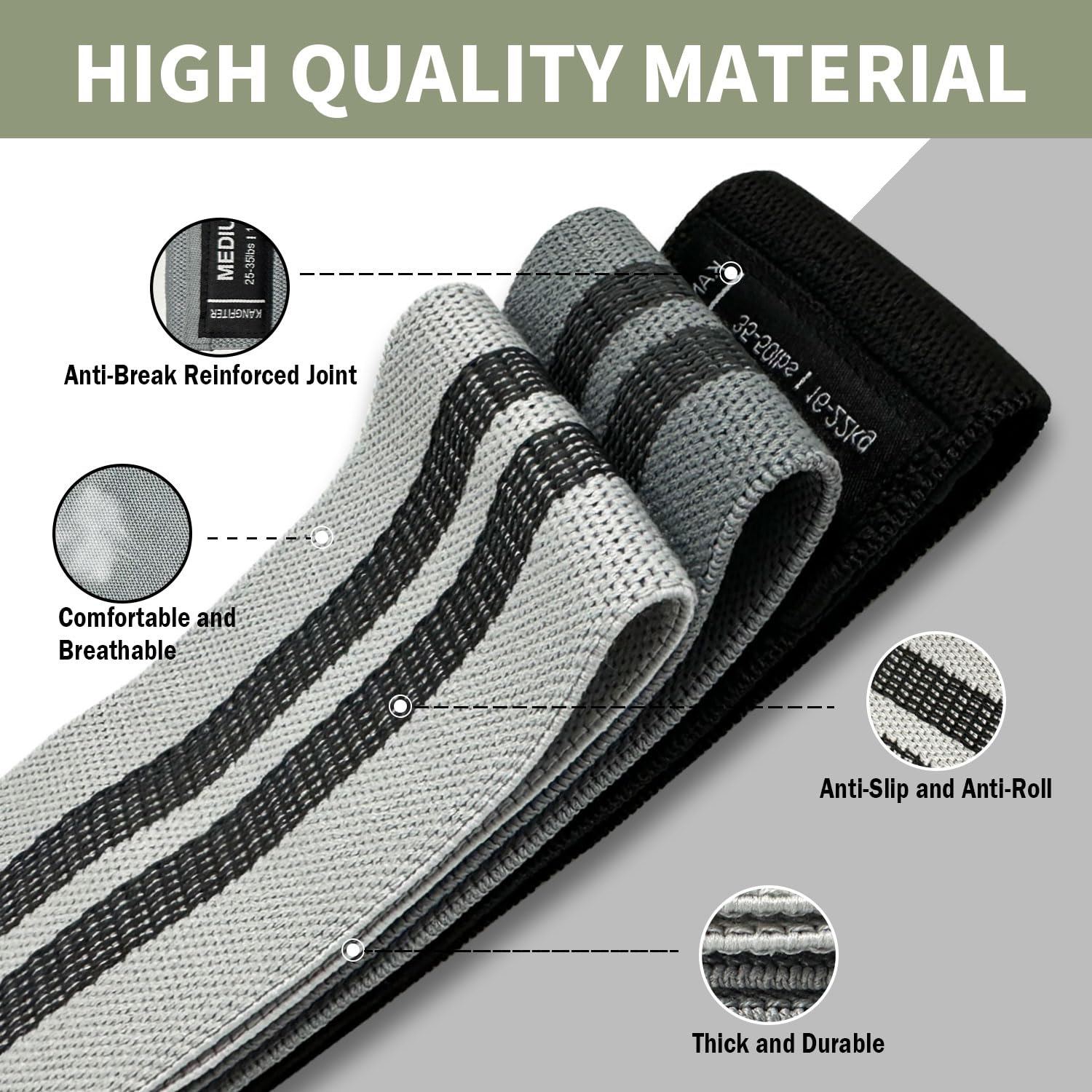 KANGFITER Bandas de Resistencia de Tela para Entrenar, Bandas Antideslizantes de 3 Niveles para Mujeres y Hombres, Juego de Bandas de Ejercicio para piernas y glúteos, Bandas elásticas de Cadera para