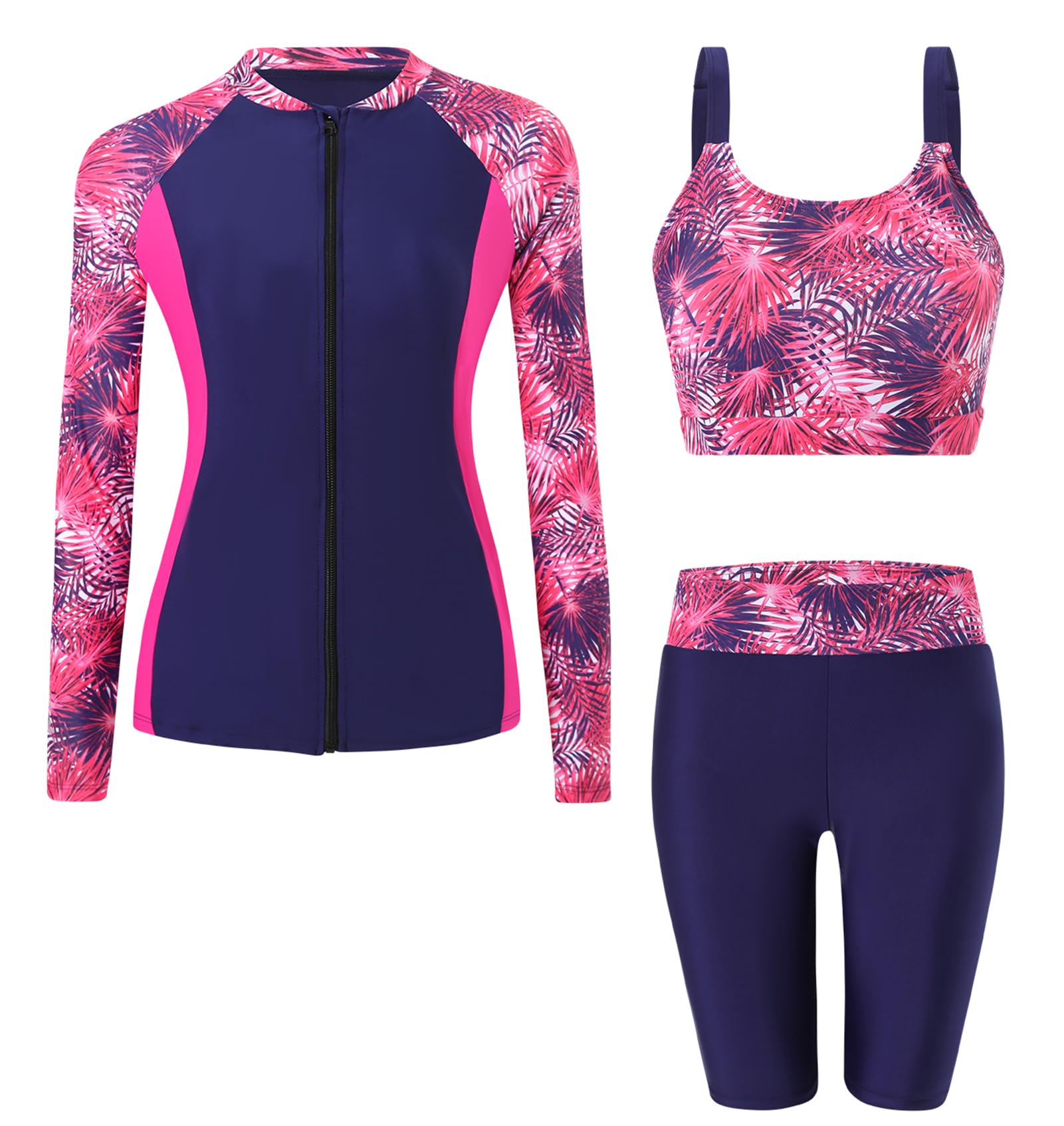Bañador de 3 piezas para mujer, protección solar, conjunto Rashguard de manga larga + pantalones cortos y tankini surf playa