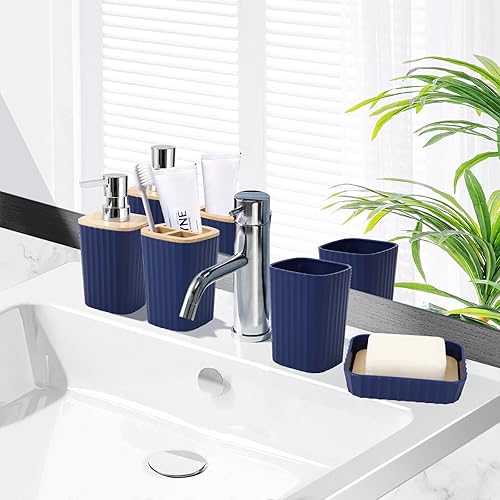 Miniatura 7 de XLHOMO Juego de accesorios de baño azul marino completo con basura, soporte para cepillo de dientes, vaso para cepillo de dientes, dispensador de
