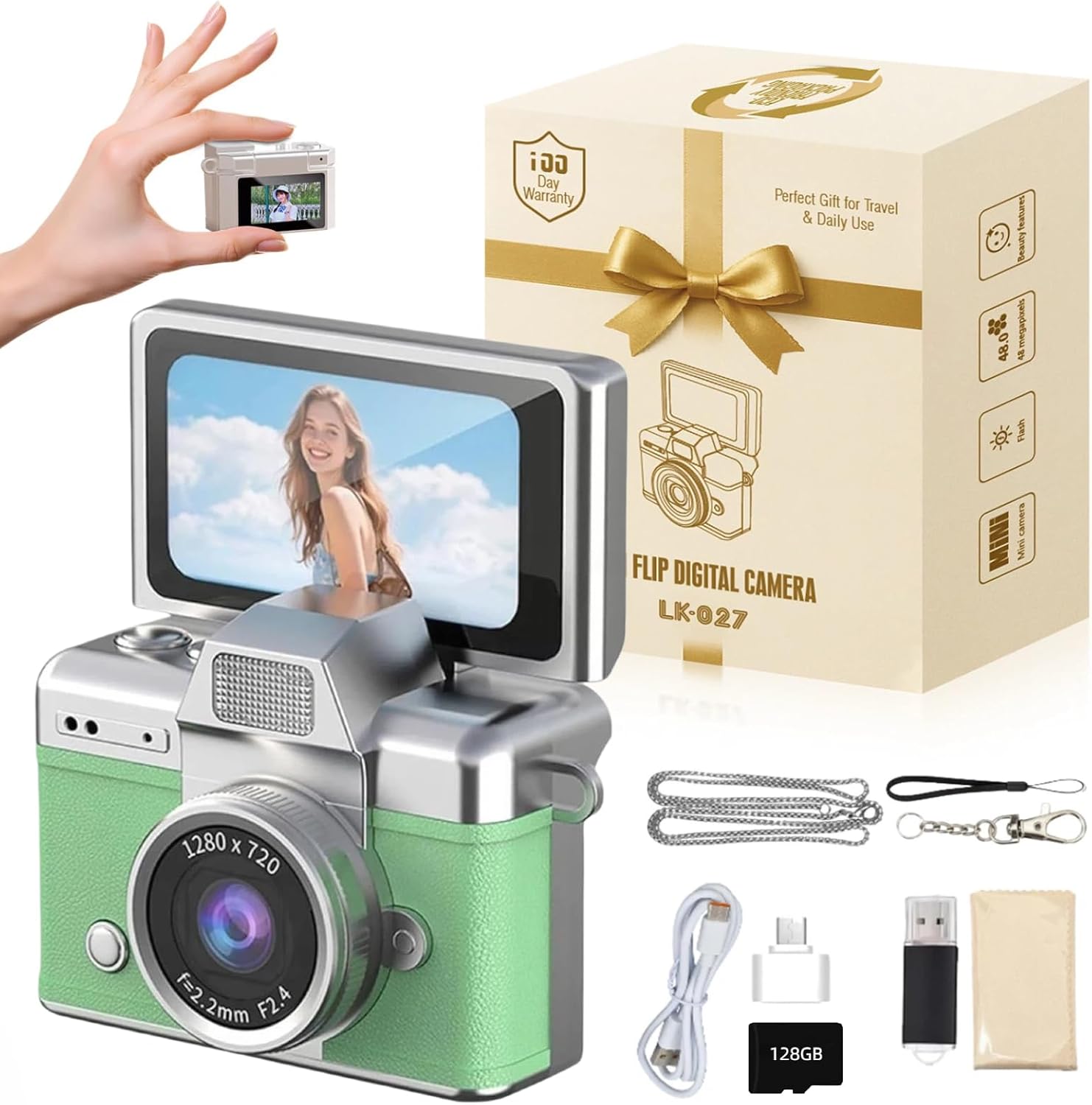 VintageMiniDigitalCamera,Retro1080PHDVideoKeychain Camera,Portable Small Body Cam with 0.96” IPS Screen,Type-C Charging Go Cam for Travel & Photography Enthusiasts,Phone Card Included128GB (Green)