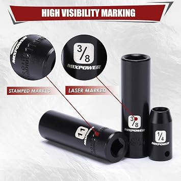 MIXPOWER 50 Pieces 1/4 Dr. Impact Socket Set, CR-V, 6 Point, SAE/Metric, 5/32 Inch - 9/16 Inch, 4mm - 15mm, Shallow/Deep