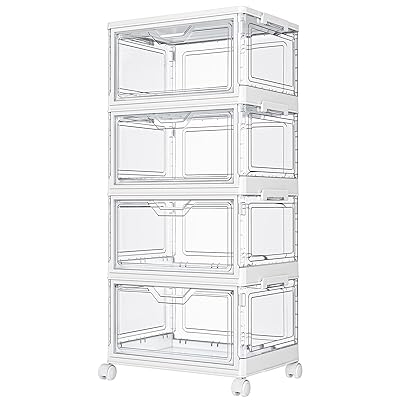 Kmiectse Clear Storage Bins with Lids - 4 Tier Plastic Bins with Wheels, Stackable Storage Bin, Closet Organizers Box for Bedroom, Living Room, 23 QT Folding Box with Magnetic door