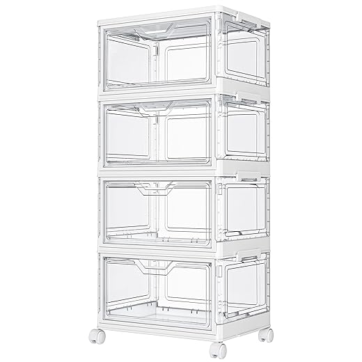 Kmiectse Clear Storage Bins with Lids - 4 Tier Plastic Bins with Wheels, Stackable Storage Bin, Closet Organizers Box for Bedroom, Living Room, 23 QT Folding Box with Magnetic door
