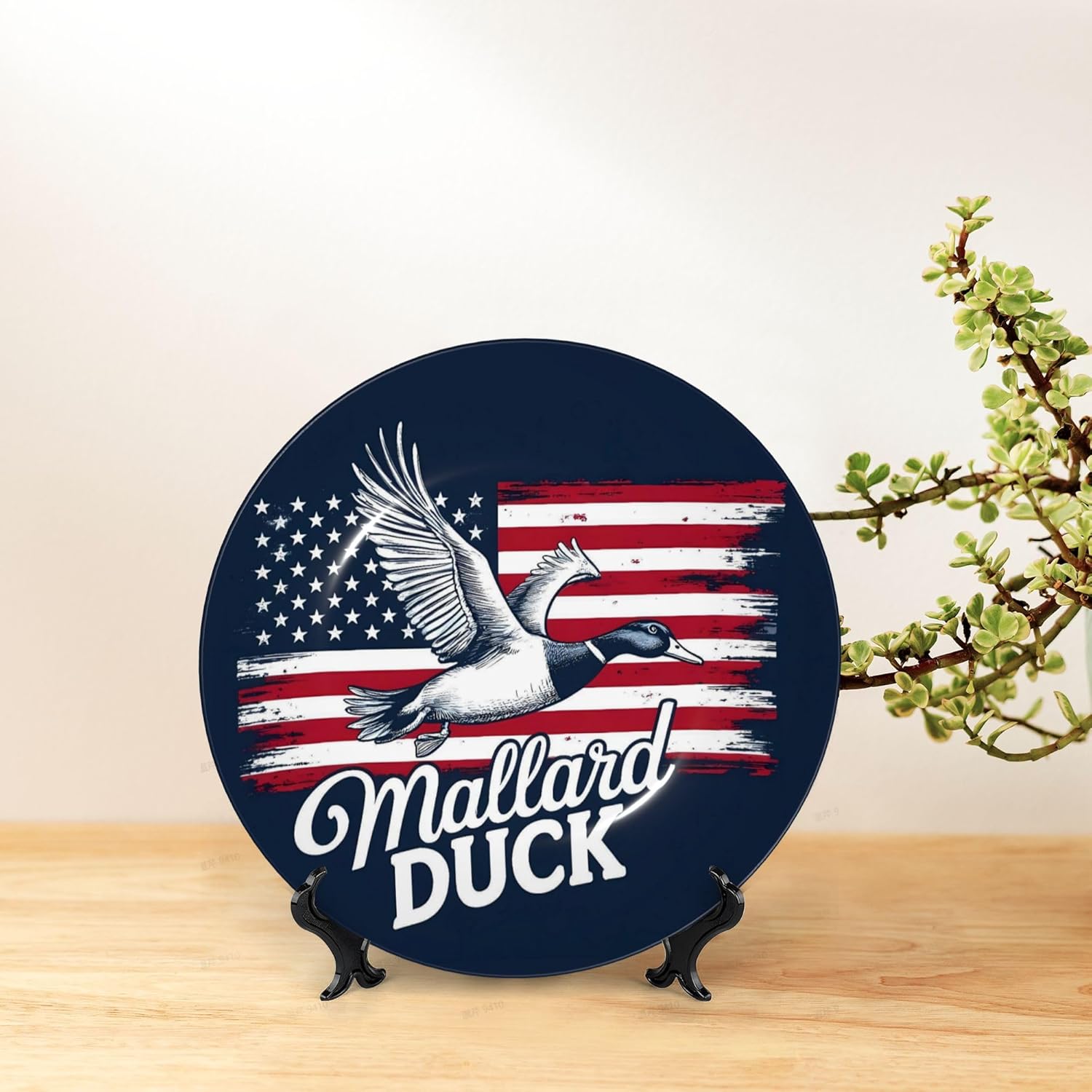 Decorative Plate Ceramic Plate for Wall Hanging 10in Accent Plate for Office Living Room Hallway Table Decor - Mallard Duck With American Flag