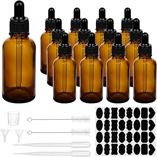 1 oz Dropper Bottle,12 Pack 30ml Amber Glass Bottle, Refillable Amber Bottle With Glass Eye Droppers For Liquid Aromatherapy Fragrance（With Sticker, Funnel,Dropper,Measuring Cup,Cleaning Brush）
