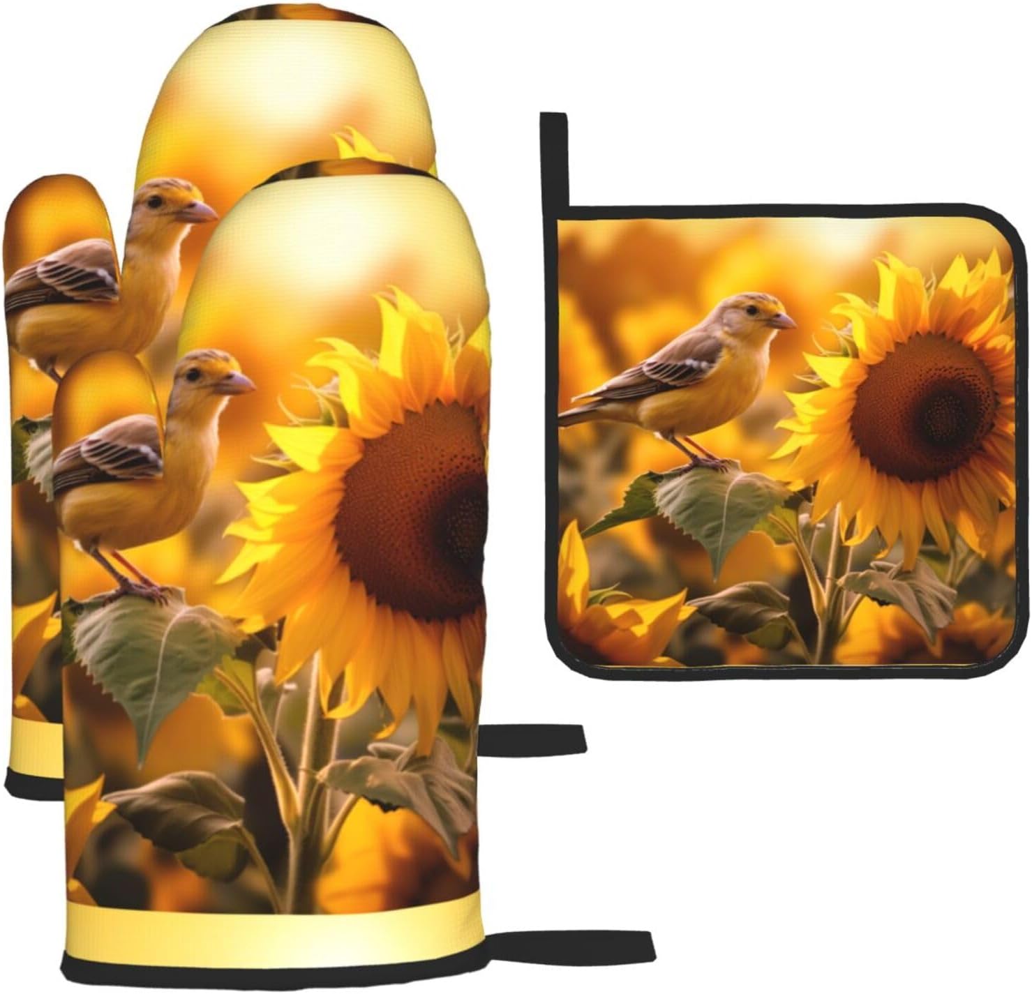 Birds & Sunflower Print Heat Resistant Microwave Gloves, Used for Baking, Cooking, and Fashion Kitchen Essentials