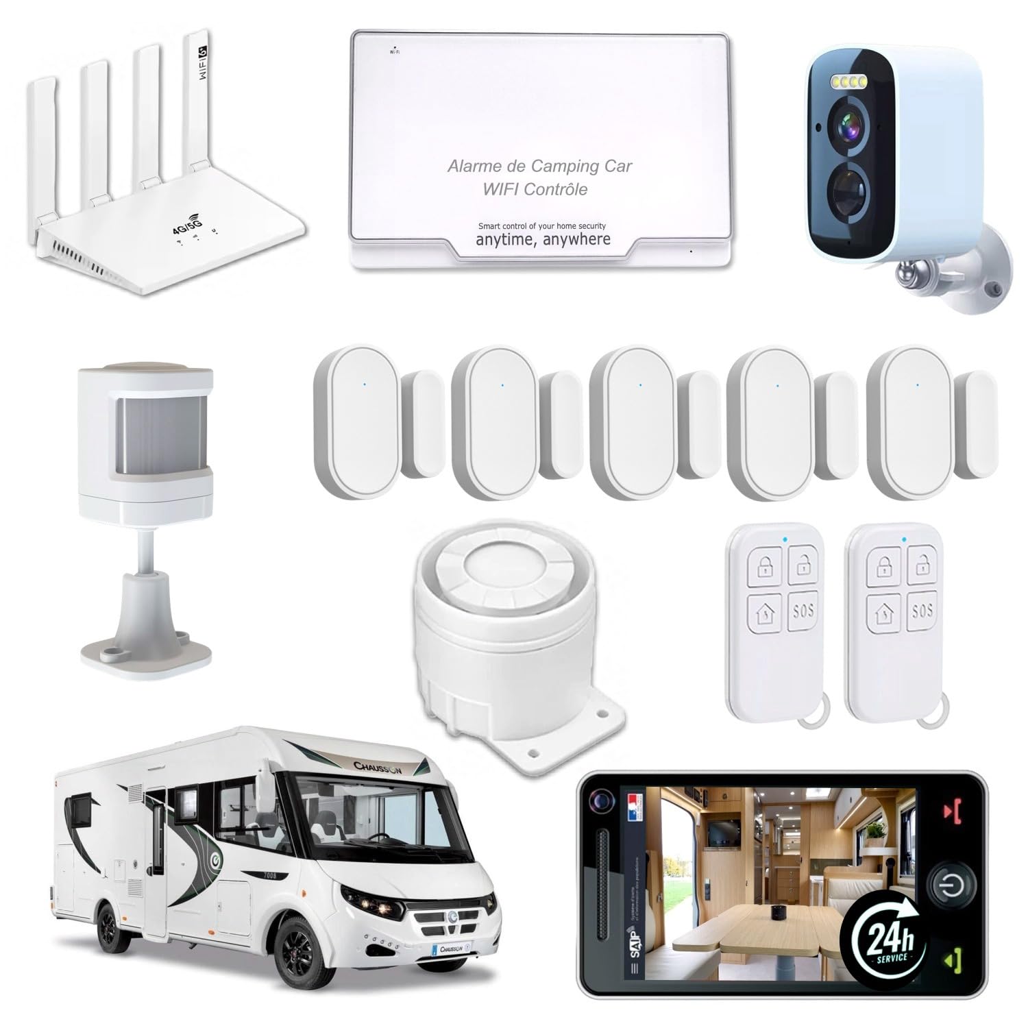 Nouveau - Alarme de Camping Car + Box-Routeur WiFi 4G + 1 Camèra de Surveillance Autonome Plusieurs Mois 24h/24h – 2 Sirènes 125 DB - 5 Détecteurs d'ouvertures - 1 détecteur de Mouvement