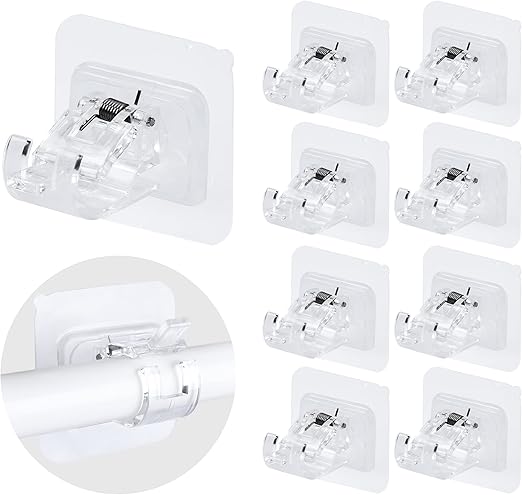8PCS No Drill Curtain Rod Brackets No Drilling Self Adhesive Curtain Rod Holder Hooks Universal Plastic Self-Adhesive Wall Mount Holder for Curtain Rod Bathroom Kitchen Home and Hotel