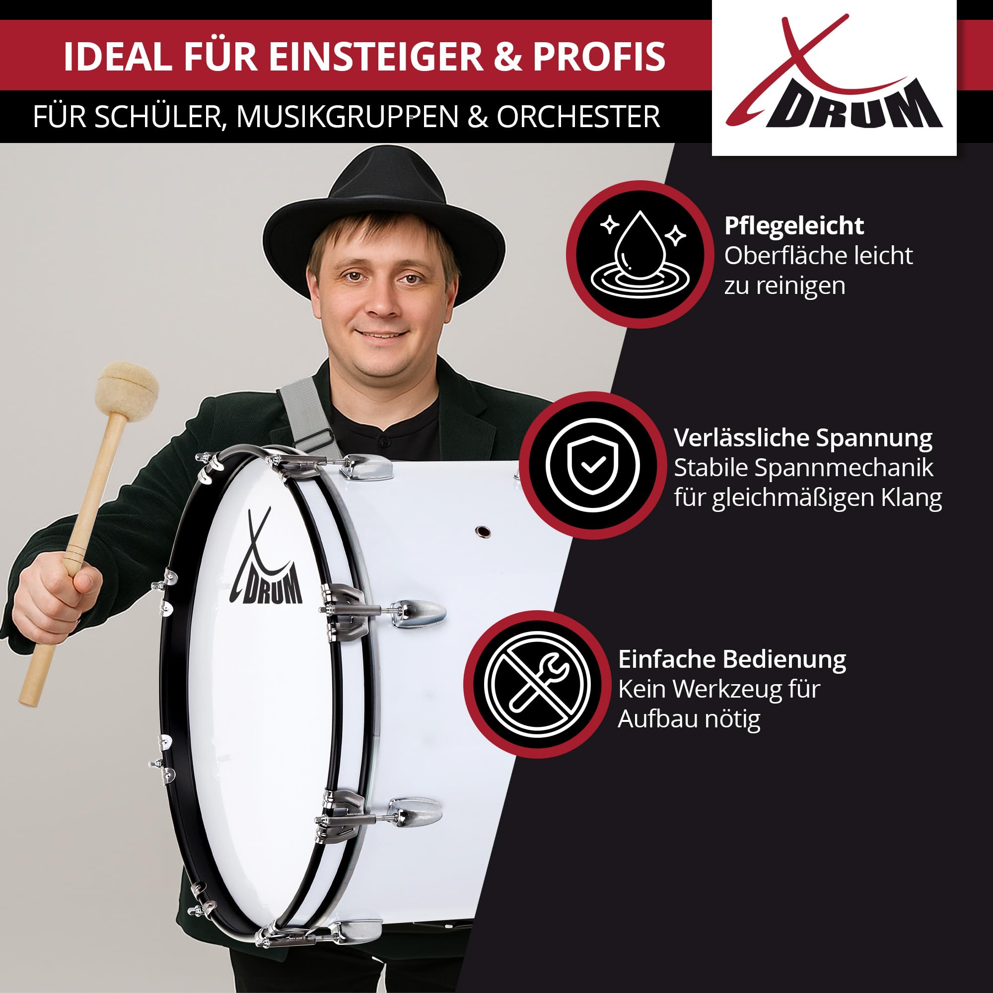 XDrum MBD-224 Cassa da Marcia 24" x 12" - grande cassa da marcia - 8,5 kg - 4 occhielli di fissaggio - 8 viti di tensione per lato - incl. mazzuoli, tracolle e chiave di accordatura - bianco
