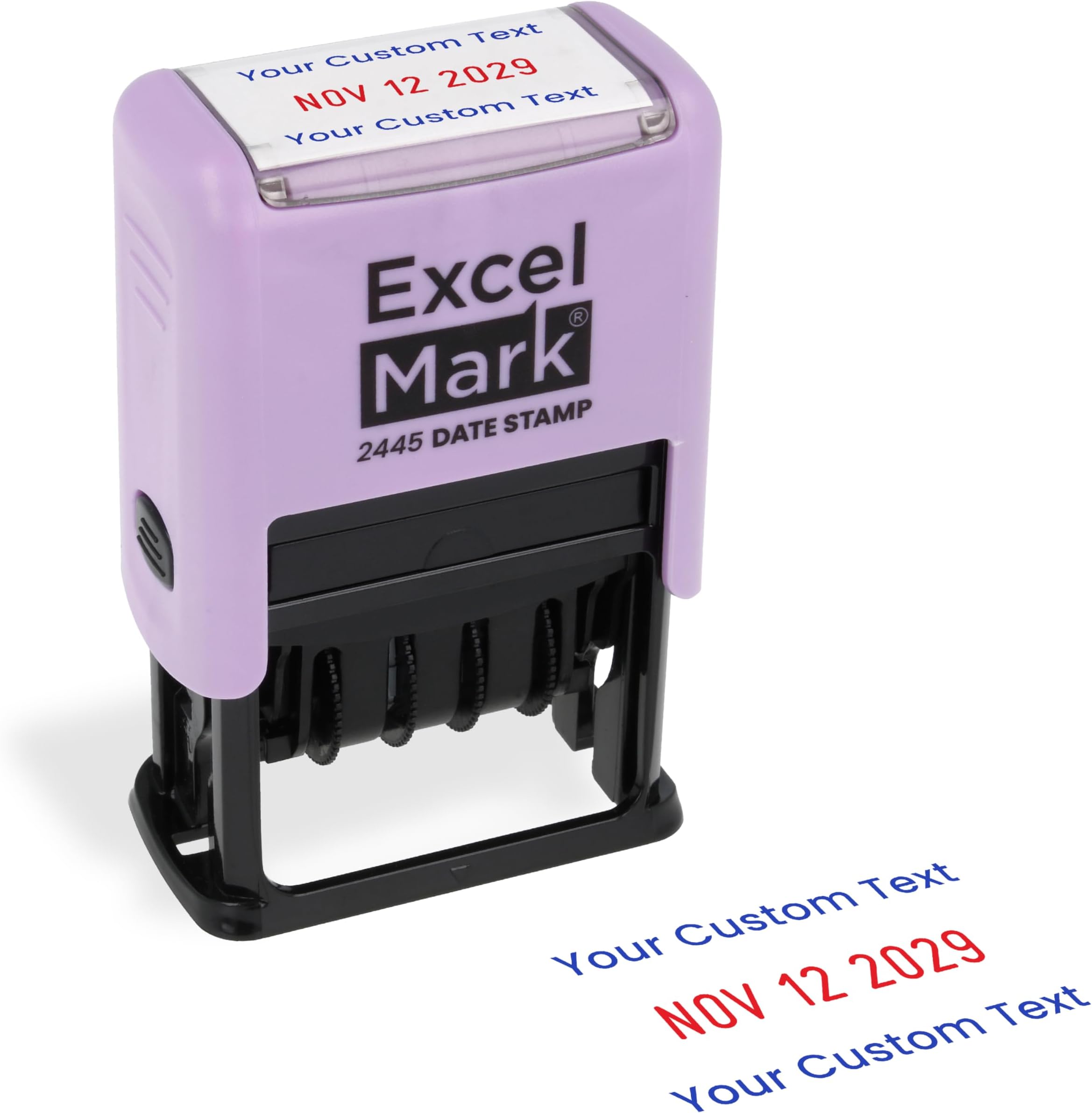 ExcelMark 2445 Date Stamp with Text - Blue and Red Ink (Violet Mount, Custom)