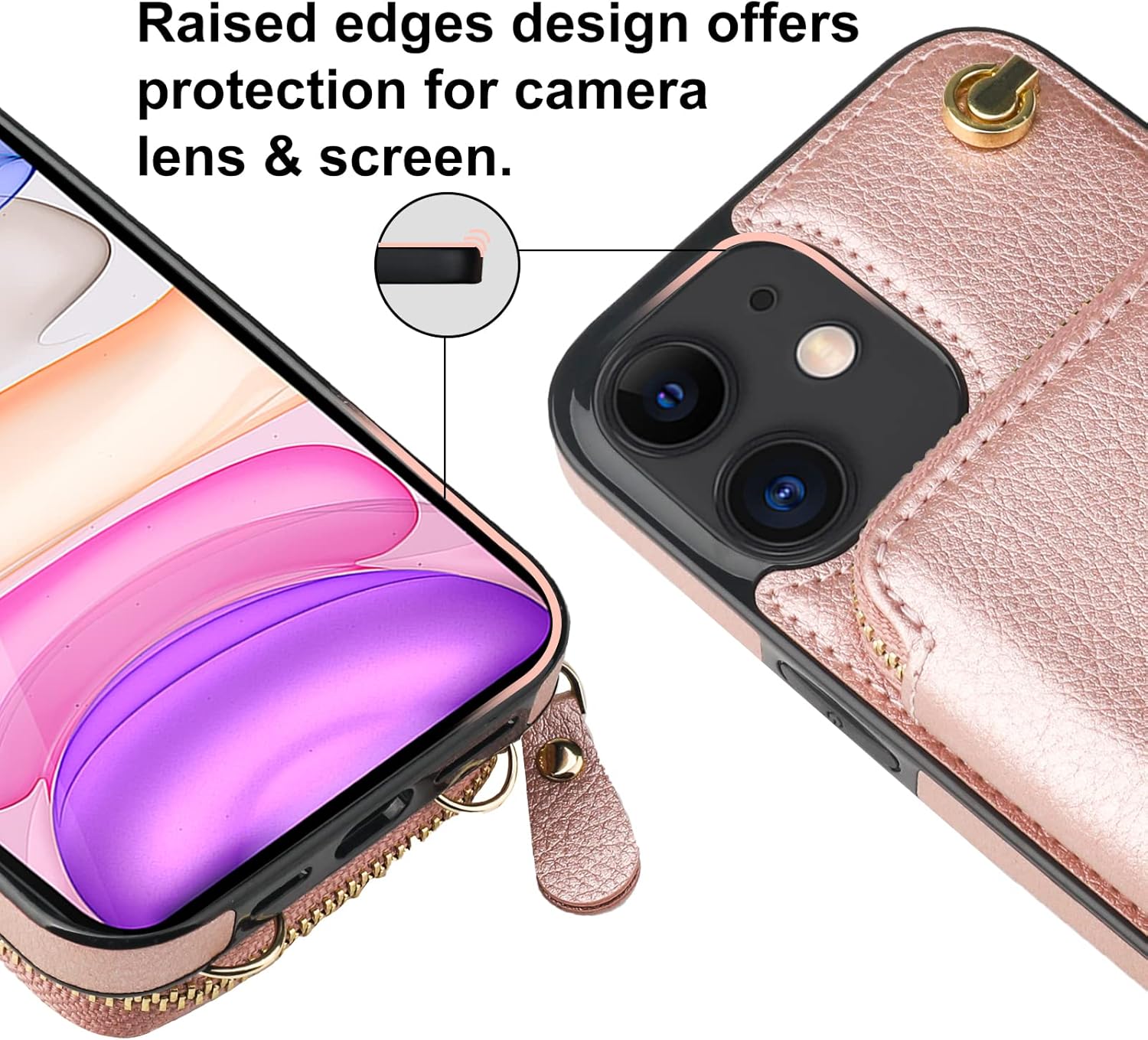 Bocasal Crossbody Wallet Case for iPhone 11, RFID Blocking Leather Purse Case with Card Holder, Protective Handbag Flip Cover with Zipper Wrist Strap Lanyard for Women 6.1 Inch (Rose Gold)