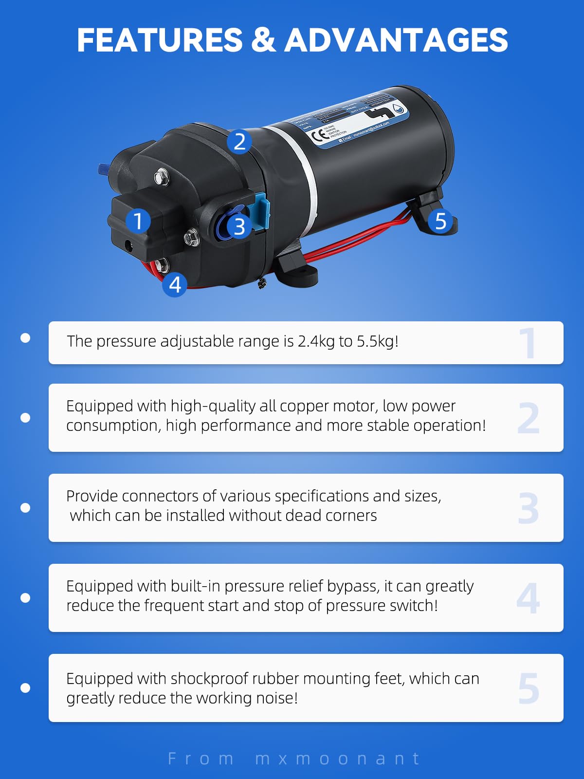 Mxmoonant 24V DC Pompa dell'acqua Automatica, Pompa di Rilancio, 2,8Bar, 130W, 17L/min, Autoadescante, Protezione da Sovraccarico, per Roulotte, Irrigazione