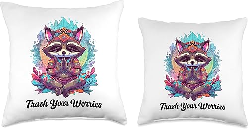 Miniatura 3 de Raccoon Creationz by Rocket Dodo Raccoon Trash Your Worries - Divertida almohada de meditación para yoga, 16 x 16 pulgadas, multicolor