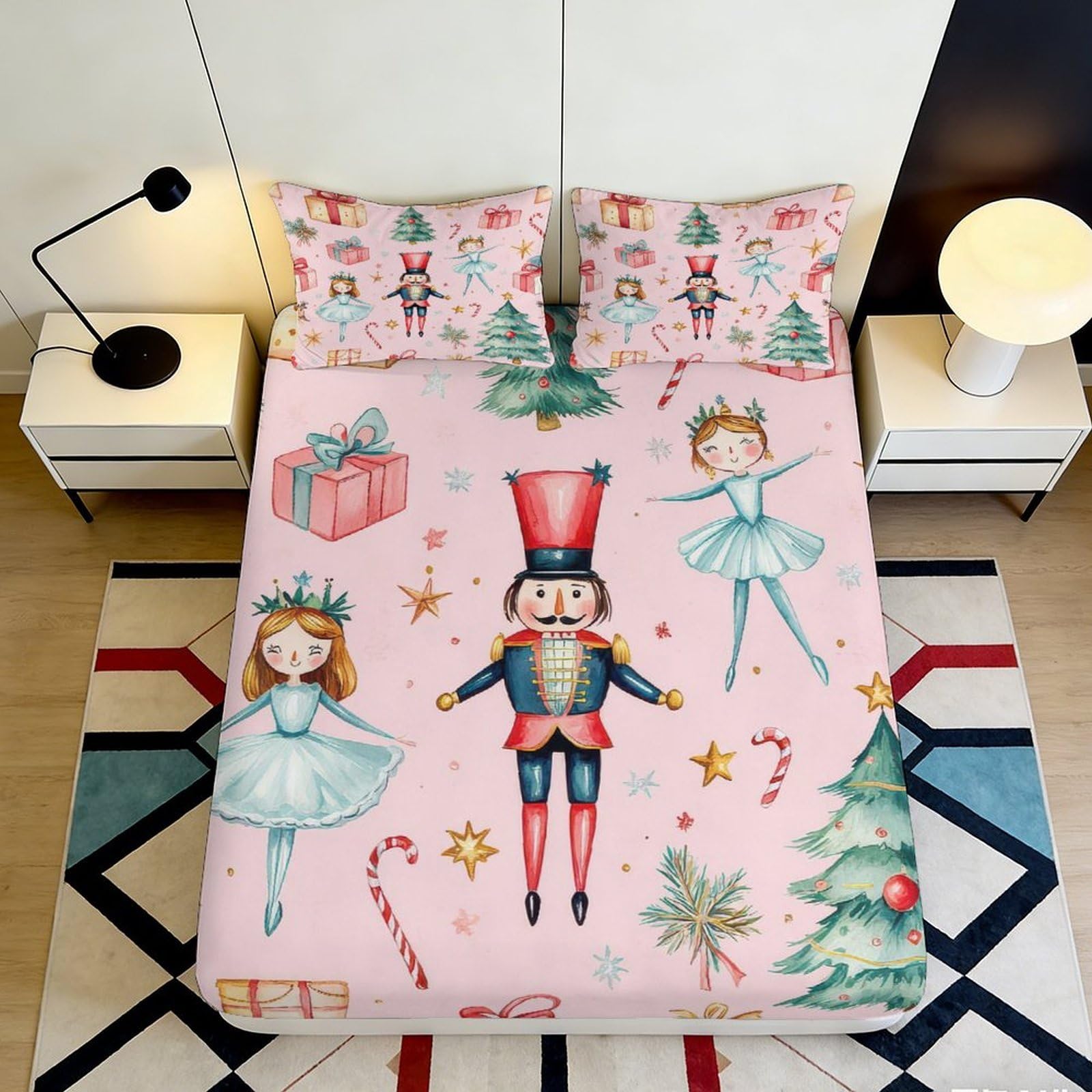 3D Printed Nutcracker Ballet Fitted Sheet Microfiber Pink Mattress Cover for Bedroom Guest Room Decor 200x200x25cm