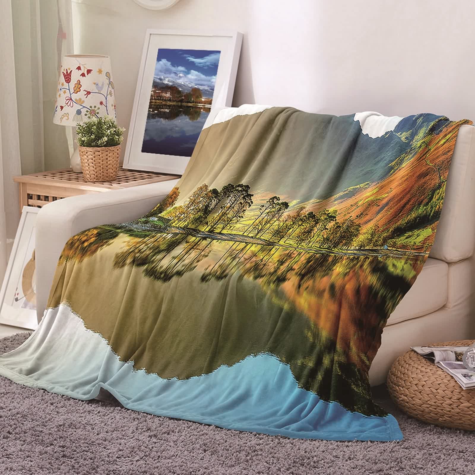 Couverture polaire flannel confortable KnSam plaid imprimé arbres et lac
