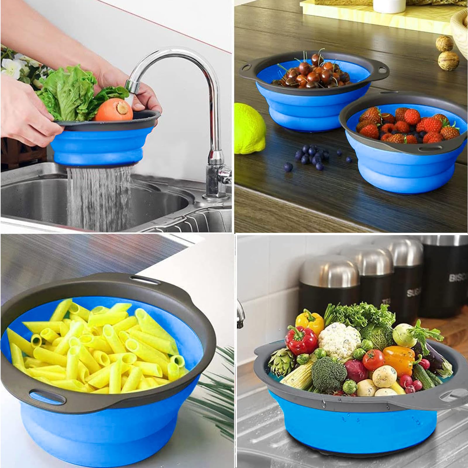 Colador plegable, juego de 2 coladores plegables, cocina que ahorra espacio, colador plegable de silicona de grado alimenticio con mango (azul) 4