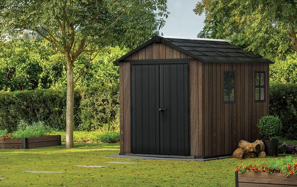 Keter Casetta da Giardino Apex 759/975 Walnut, Effetto Legno Noce Naturale, Porte e Finestre Orientabili, 5,2 m², 230x287x246H cm