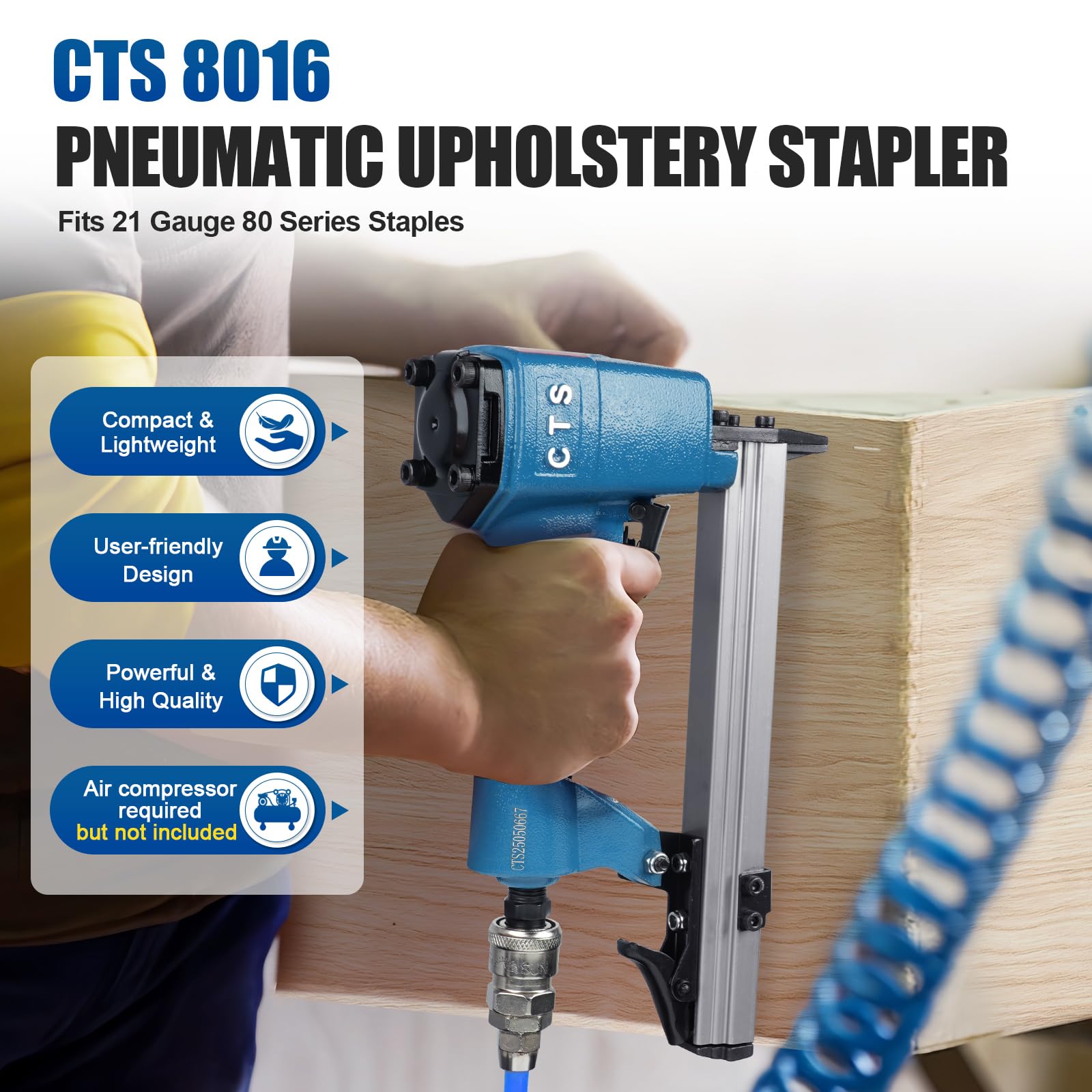 CTS 8016 Pistola pneumatica per graffette da tappezzeria calibro 21 serie 80 corona 1/2" (12,8 mm) lunghezza graffette da 1/4" a 5/8" (6,0-16,0 mm), pinzatrice pneumatica per mobili e decorazione