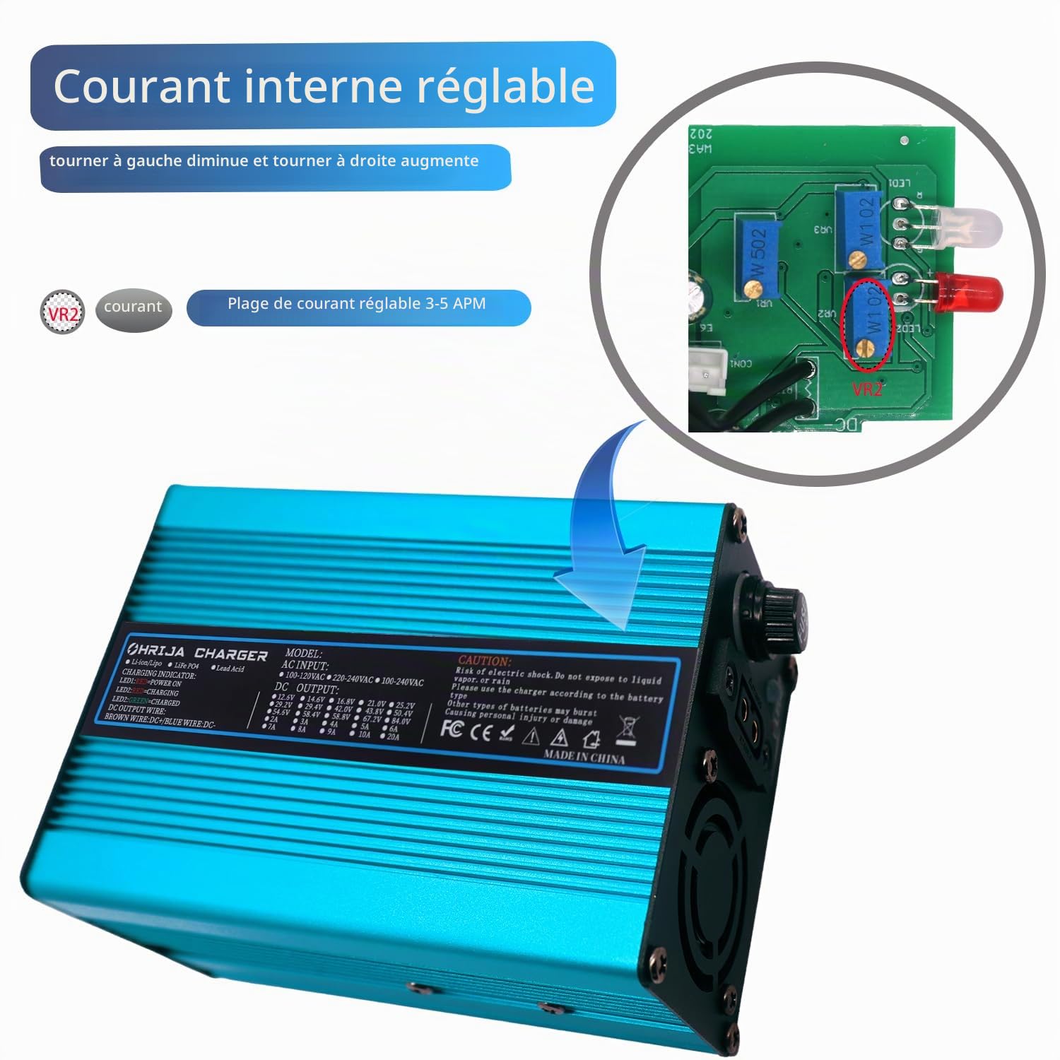 Le Chargeur 24V 5A Convient aux Batteries Plomb-Acide 27,6V. Chargeur d'entretien pour fauteuils roulants. Extérieur Bleu avec connecteur XLR 1+2-3 Broches.