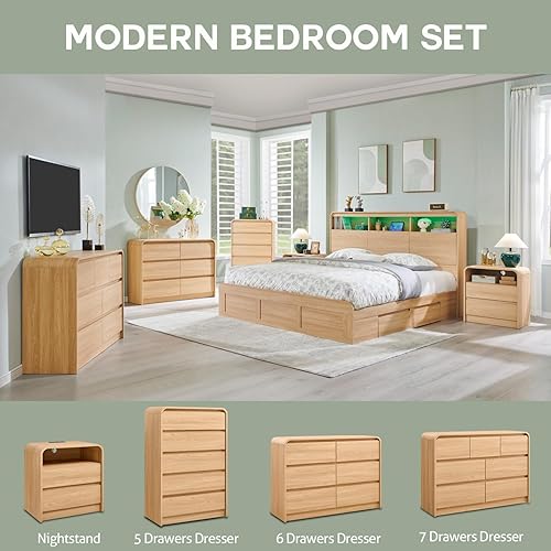 Miniatura 6 de Mesita de noche moderna de 25 pulgadas de alto con estación de carga, mesita de noche de madera de 23.6 pulgadas de ancho con 2 cajones de