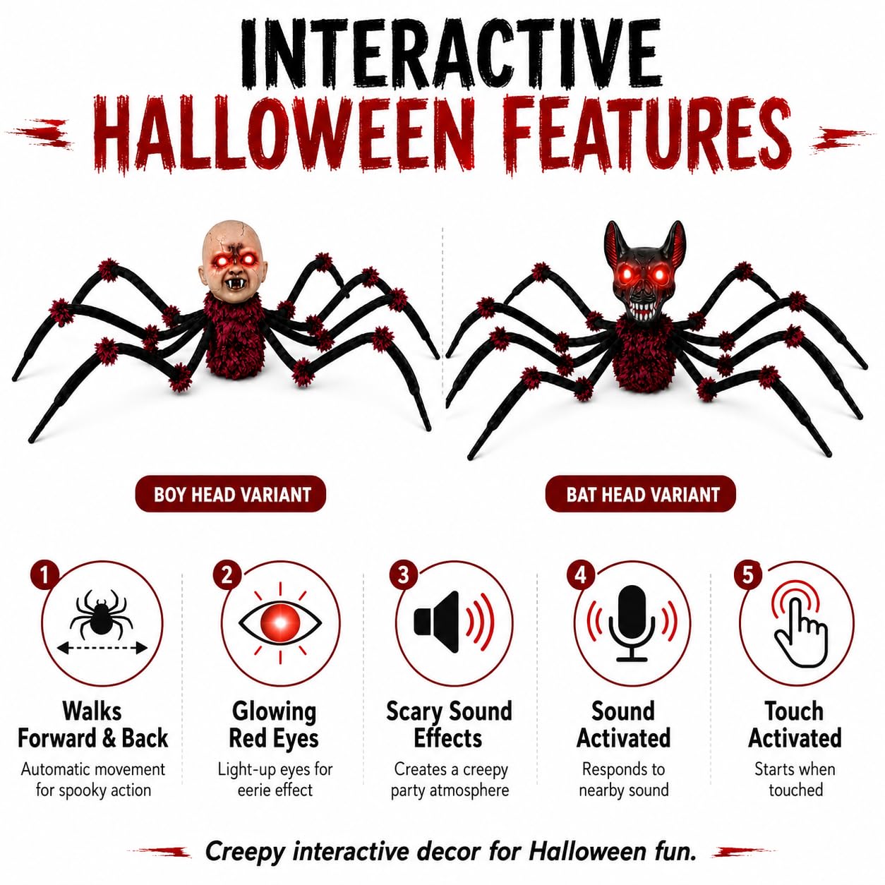 Ruchomy Pająk Halloween, Interaktywna Dekoracja z Dźwiękiem i LED