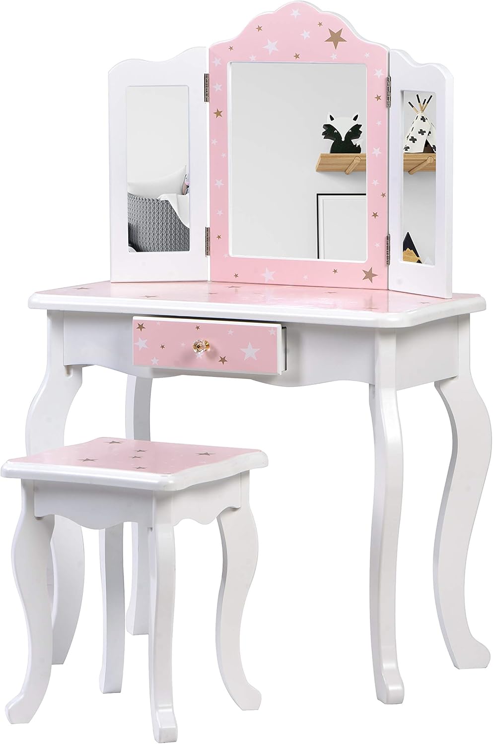 オリジナル オシャレドレッサー ピンク デスク引き出し1杯ledミラー リボン椅子3点セット ドレッサー 鏡台 収納家具 Www Marengoef Com