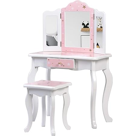 Amazon Co Jp おままごとドレッサー 子供用ドレッサー 可愛い 三面鏡 木製 化粧台 鏡台 スツール付き 引き出し コスメ収納 誕生日プレゼント ゴールデン おもちゃ
