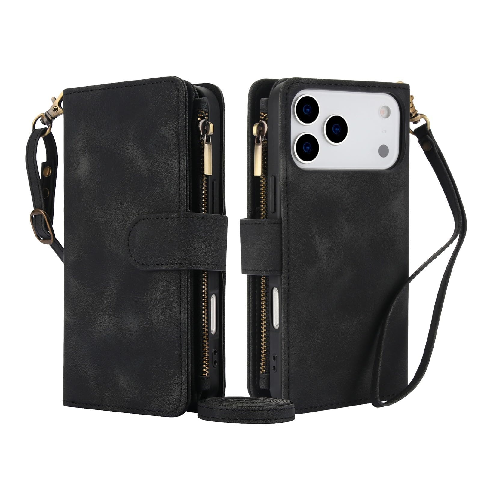 Coque portefeuille iPhone 17 Pro Max noir avec fermeture éclair et sangle