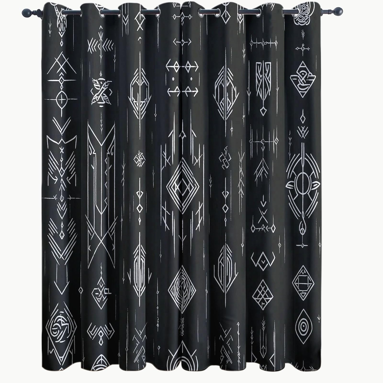 Cortina con Ojales Negro Estampado para Sala de Estar habitación de niñas y niños Tradicional Runas Vikingas Cortinas Estampadas 140An x 145Al cm (2 Paneles) Cortinas Opacas