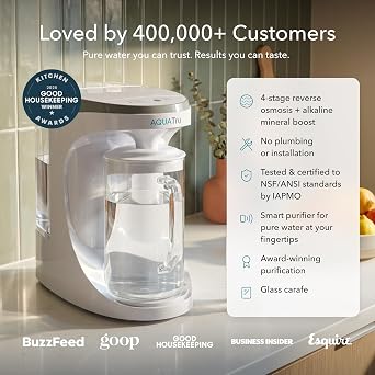 AquaTru Glass Carafe Smart Alkaline Countertop RO Purifier | WiFi Connected 4 Stage RO System | Removes 84 Contaminants Including PFOA & PFOS (PFAS), Lead and Microplastics | Adds Minerals