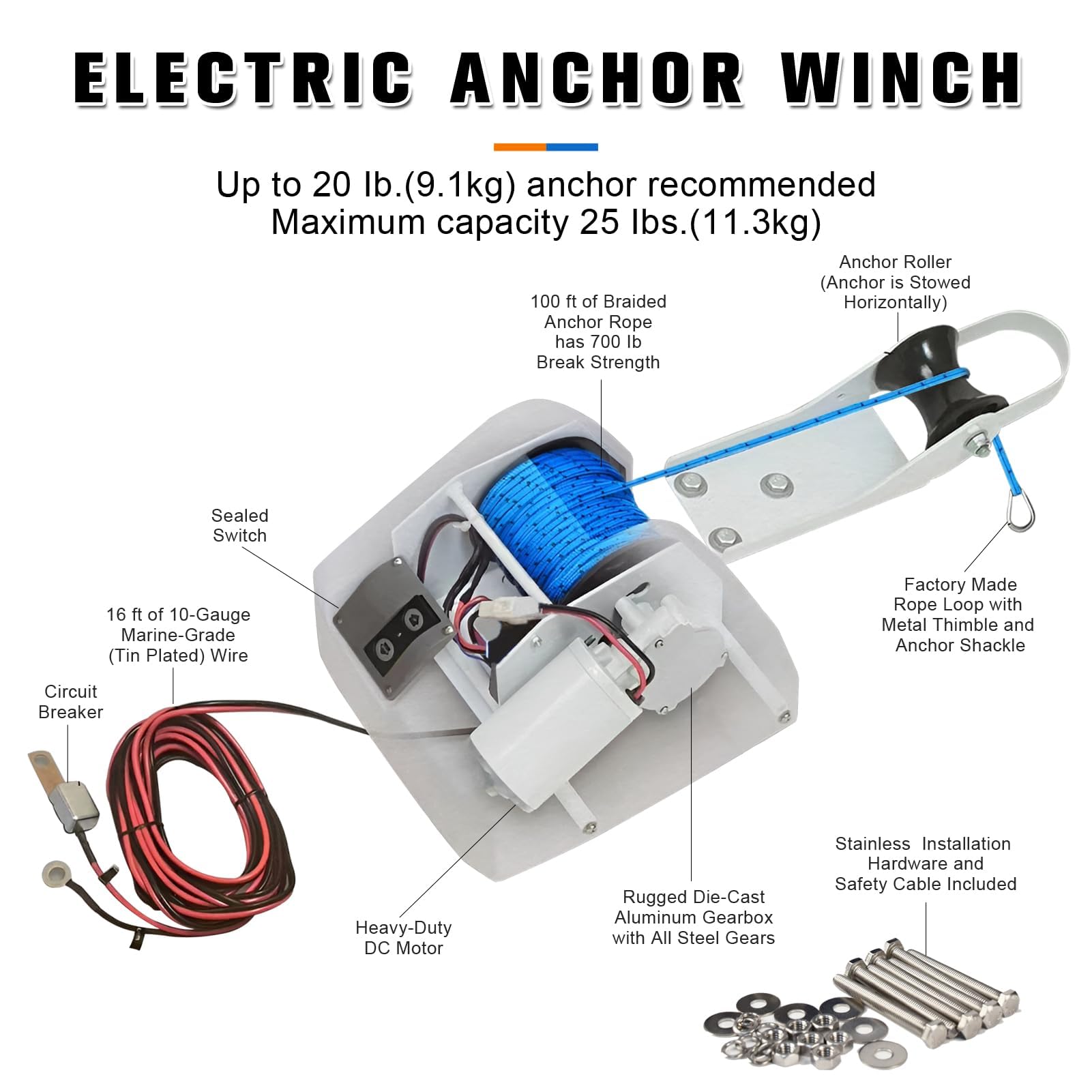 Verricello Elettrico per Ancora 12v per Uso Marino con Telecomando per Ancora Marina in Acqua Salata per Barca da Pesca, Pontone