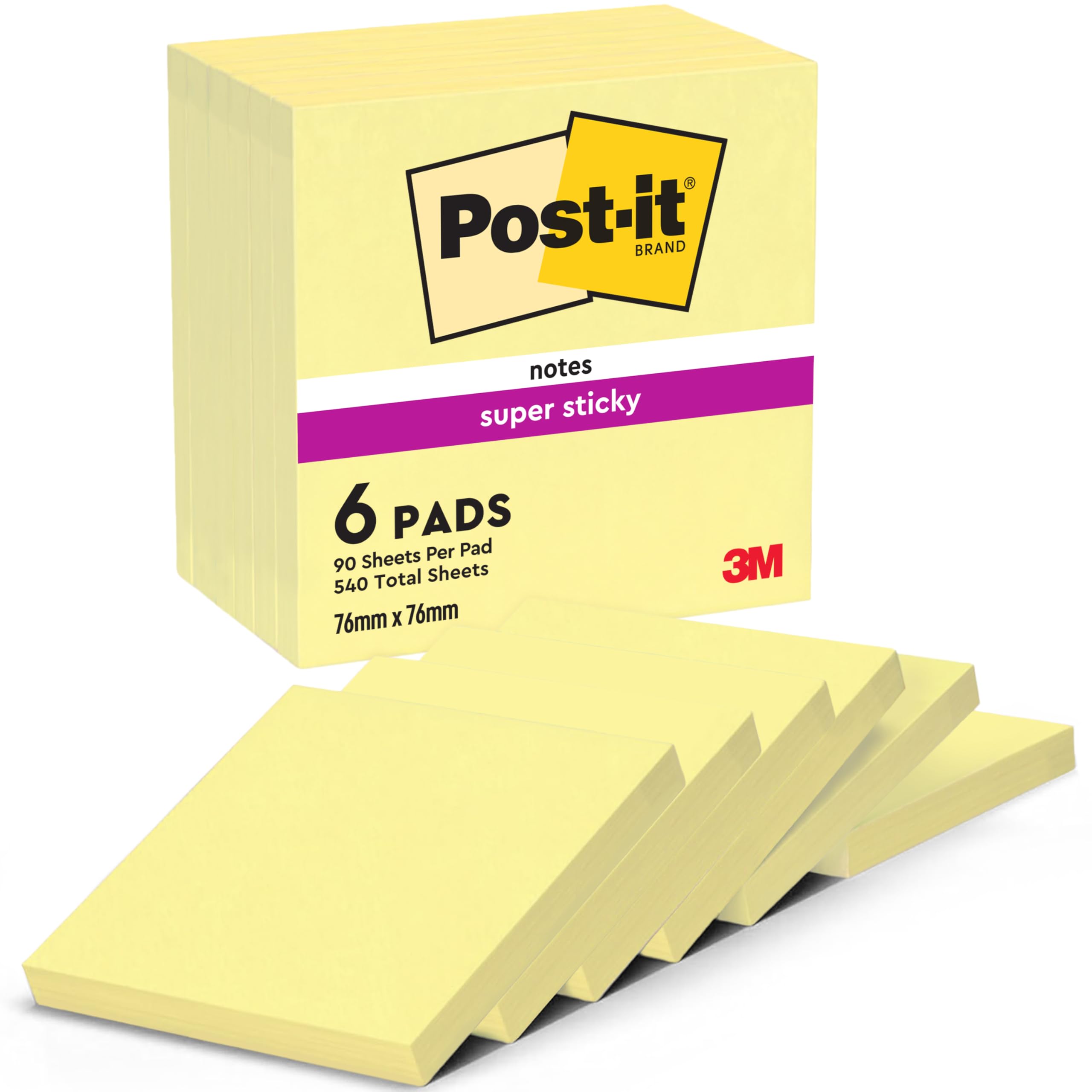 Post-​it Notes Autocollantes Super Sticky, Pack de 6 Blocs, 90 Feuilles par Bloc, 76 mm x 76 mm, Jaune Pastel - Feuillets Super Adhésifs pour Prise de Notes, Listes de Tâches et Rappels