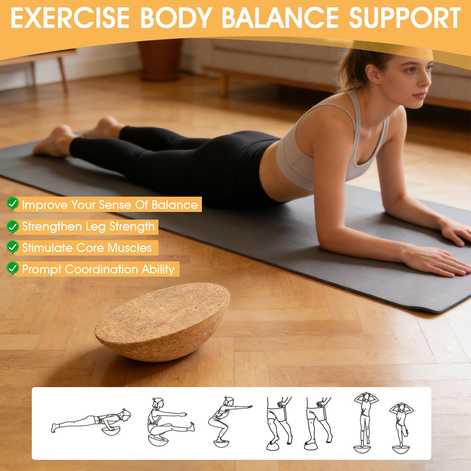 Półkula Balance Board 30 x 10 cm – półkula korkowa do równowagi, fitnessu, jogi i pilatesu, antypoślizgowa, naturalny materiał, trening wielopoziomowy dla dzieci i dorosłych, akcesoria do balansowania