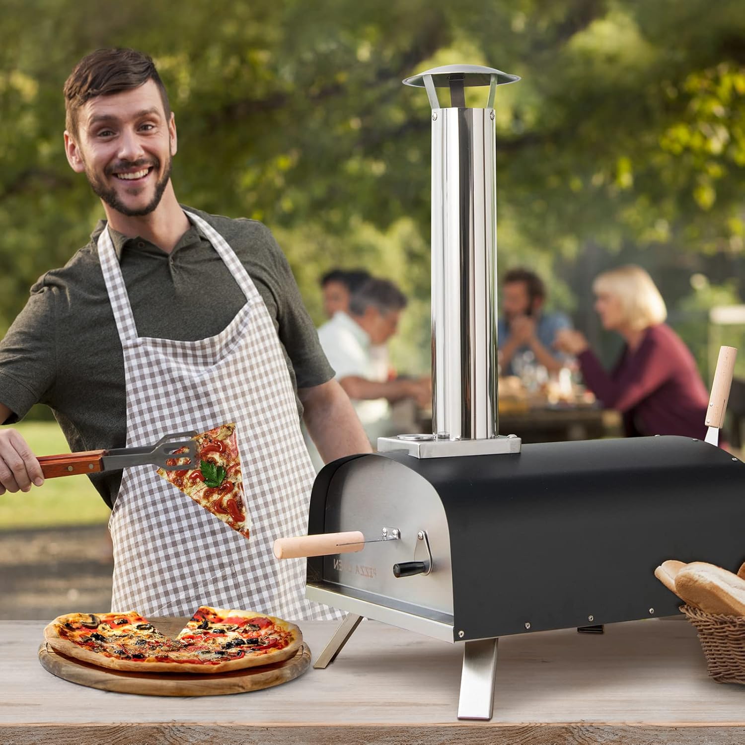 GYMAX Horno de Pizza de Madera Porttil con Termmetro, Horno de Madera para Pizza, con Piedra para Pizza y Pala para Pizza, para Jardn, Camping y Fiesta