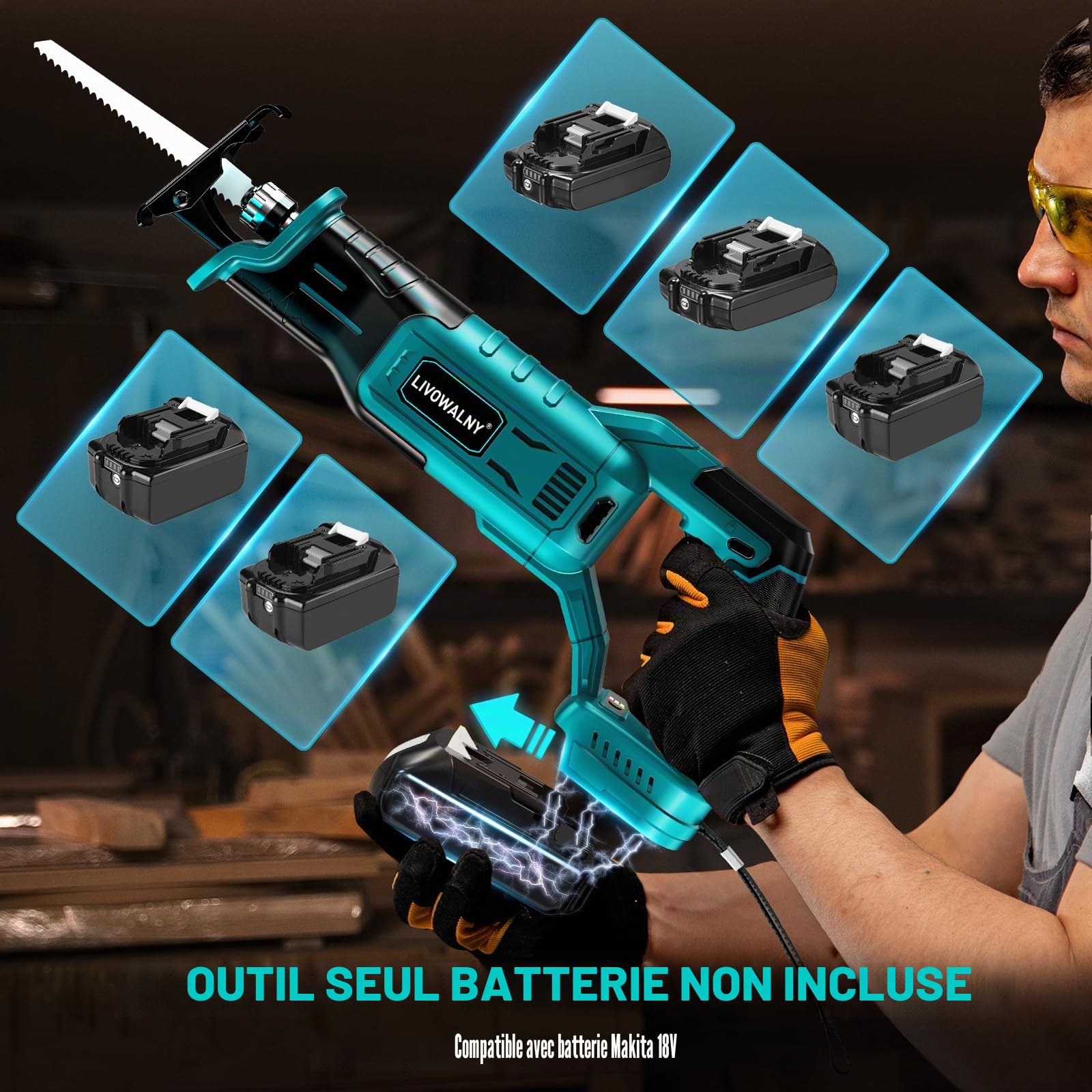 LIVOWALNY Scie Sabre Sans Fil Compatible avec Makita 18V, Moteur Brushless, 3200 cps/min, 3 Vitesses, Changement de Lame Sans Outil, LED, 4 Lames Bois/Métal/PVC(Outils Uniquement)-Bleu
