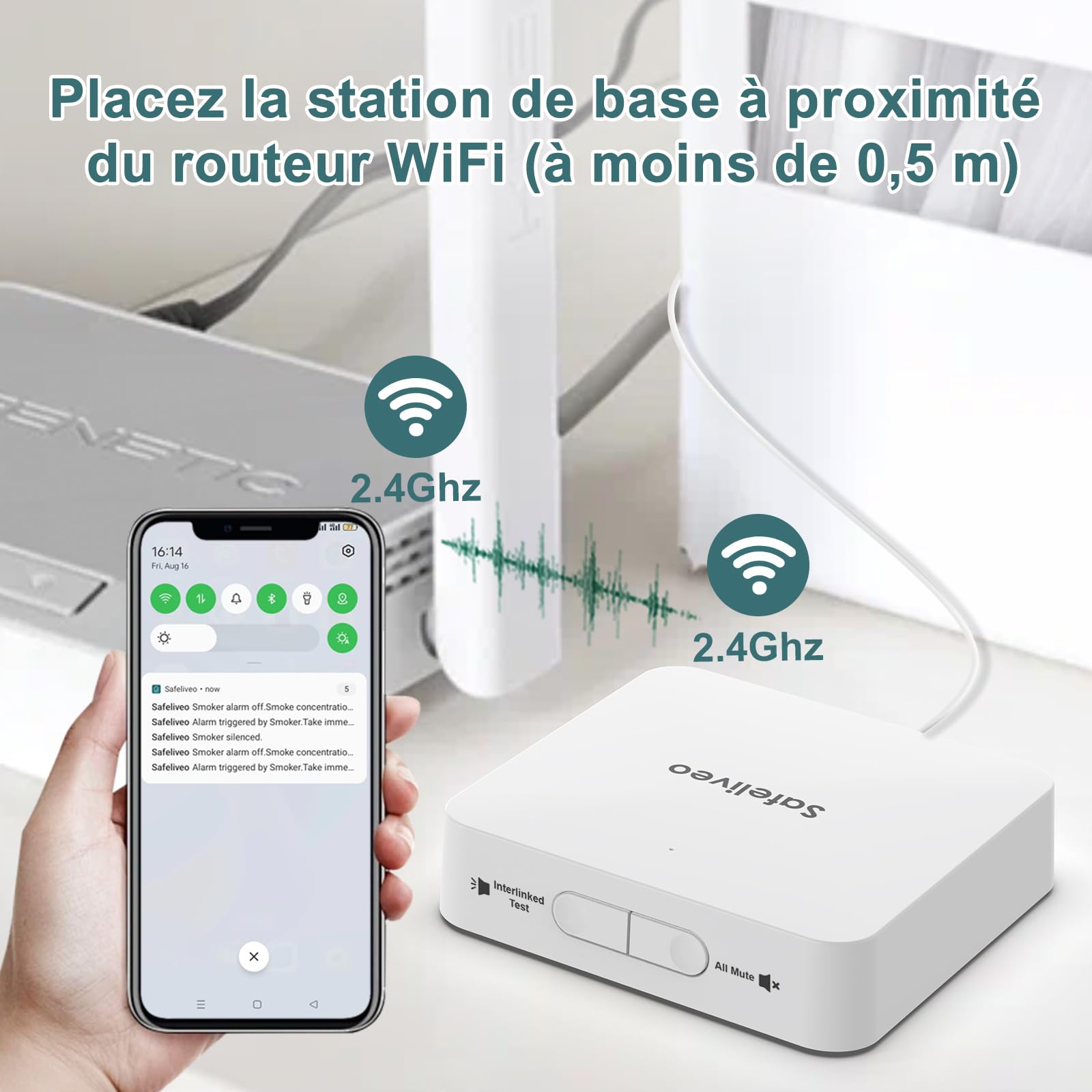 Safeliveo Détecteur de fumée interconnecté WiFi avec Batterie de 10 Ans, Lot de 2 avec Station de Base, certifié TUV Rheinland, Ensemble d'alarme de fumée à contrôle par Application