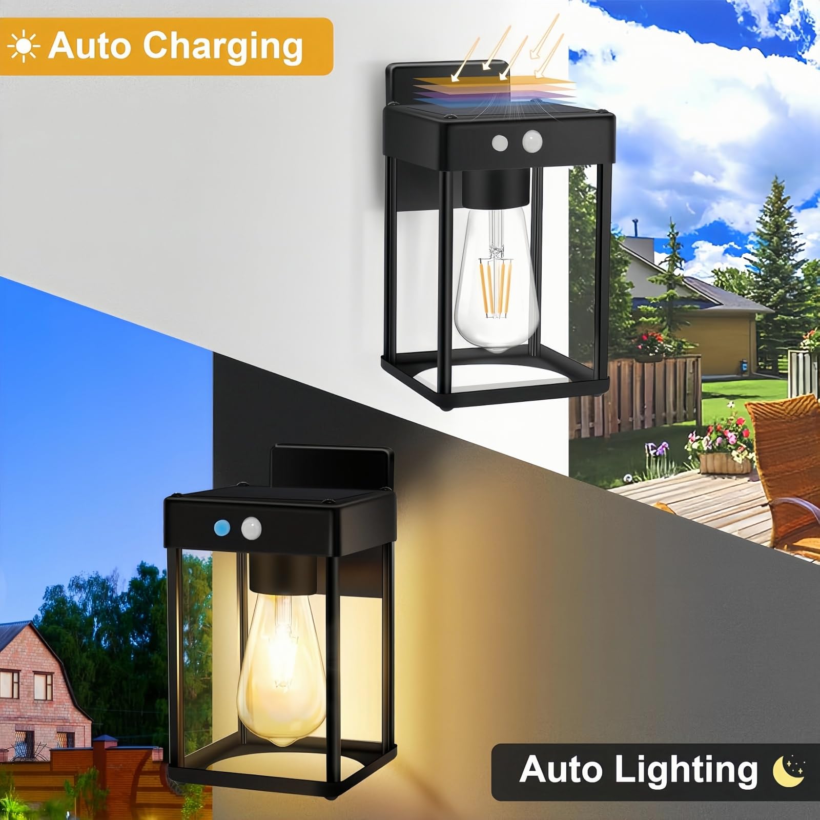 Lanterne solari da parete per esterni, luci Teilybao con lampadina calda 3200 K e lampadina bianca 6500 K, luci da parete solari impermeabili con pannello trasparente e 3 modalità di illuminazione per