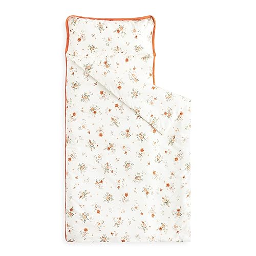 Wake In Cloud - Tapete para siesta con almohada y manta, 100% tela de algodón, para niños y niñas en guardería, preescolar, naranja floral sobre