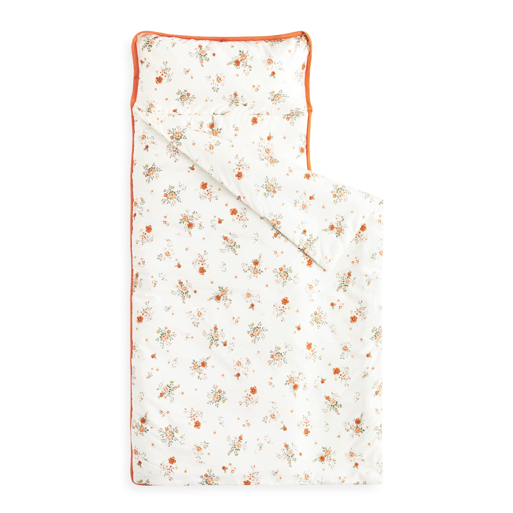 Wake In Cloud - Toddler Nap Mat with Pillow and Blanket, 100% Cotton Fabric, for Kids Boys Girls in Daycare Kindergarten Preschool, Orange Floral on Beige
