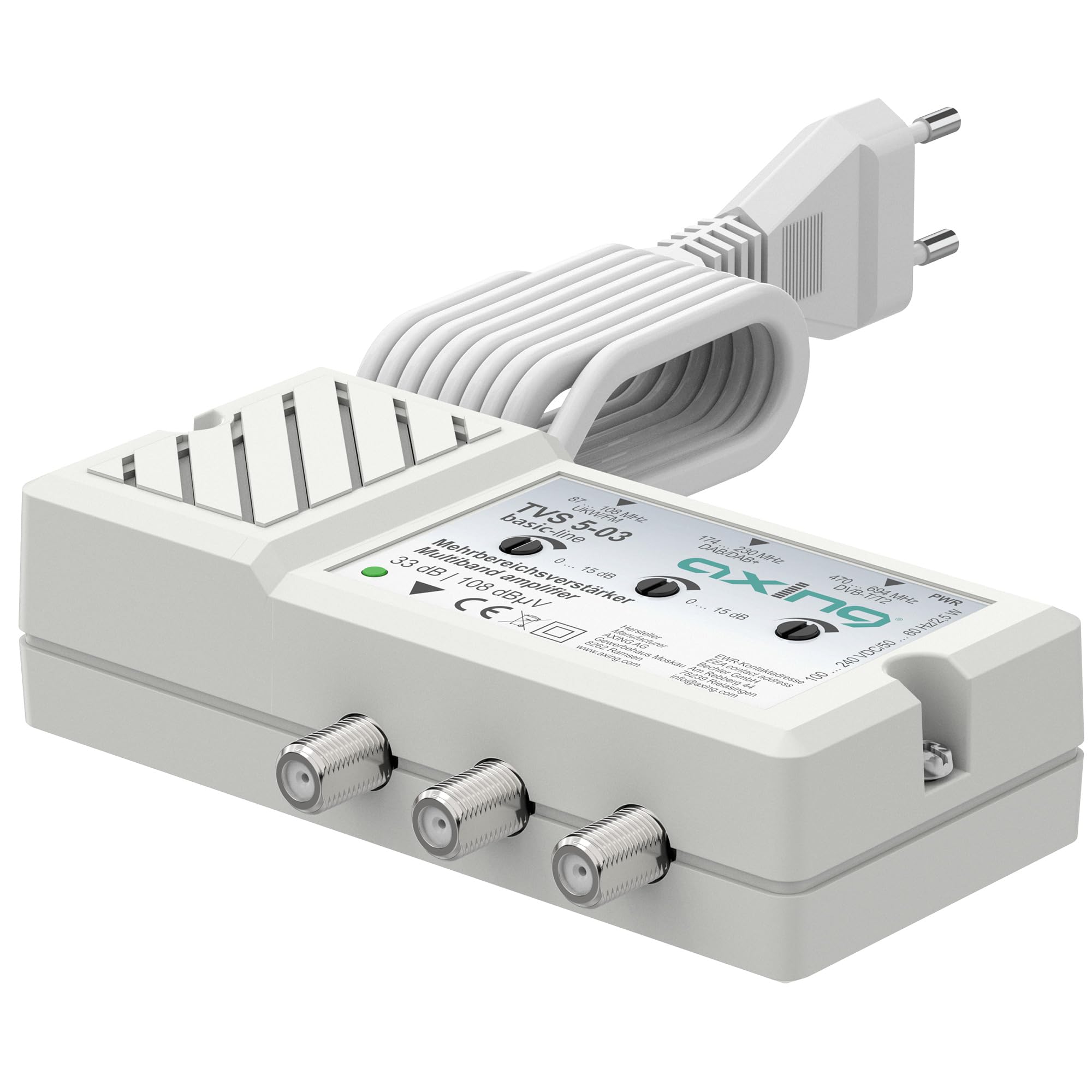 Axing TVS 5-03 Amplificatore MultiGamma 33dB Amplificatore Antenna 3x Radio TV FM DAB+ DVB-T2