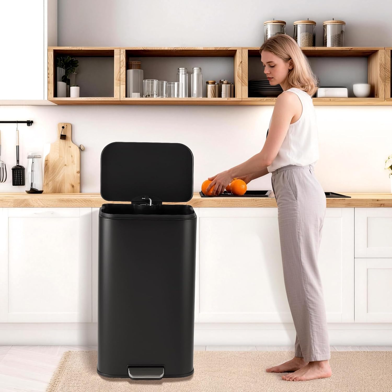 8 Gallon / 30 LTrash Can, Stainless Steel Step-on Garbage Can with Soft-Close Lid & Removable Inner Bucket, Narrow Rectangular Rubbish Bin Waste Container for Kitchen, Bathroom, Office - Black