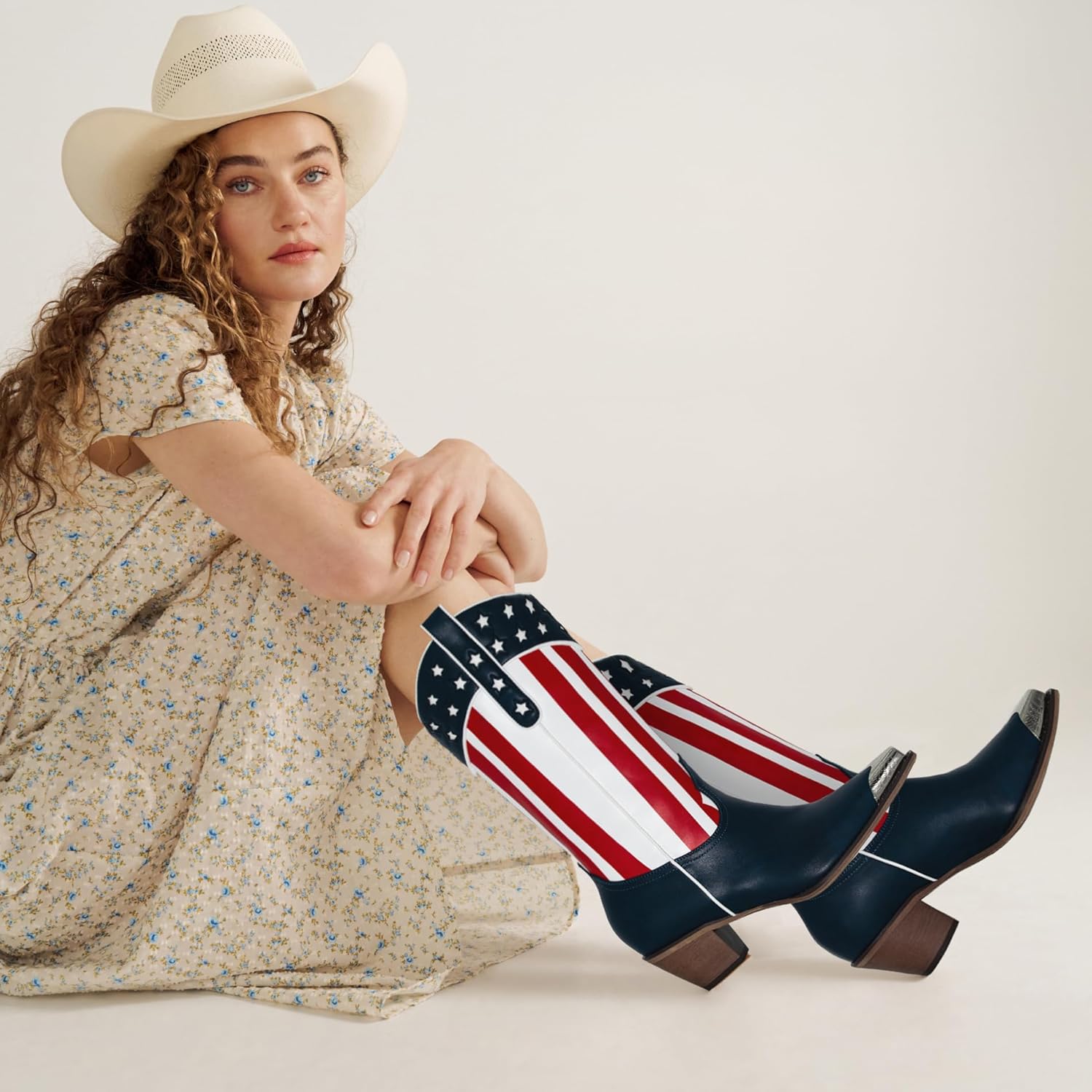 RKQ Women's Flag Mid Calf Cowboy Boots Chunky Block Heel Pull On Wide calf Metal Pointed Toe Western Cowgirl Booties classic sexy party Boots - Image 2