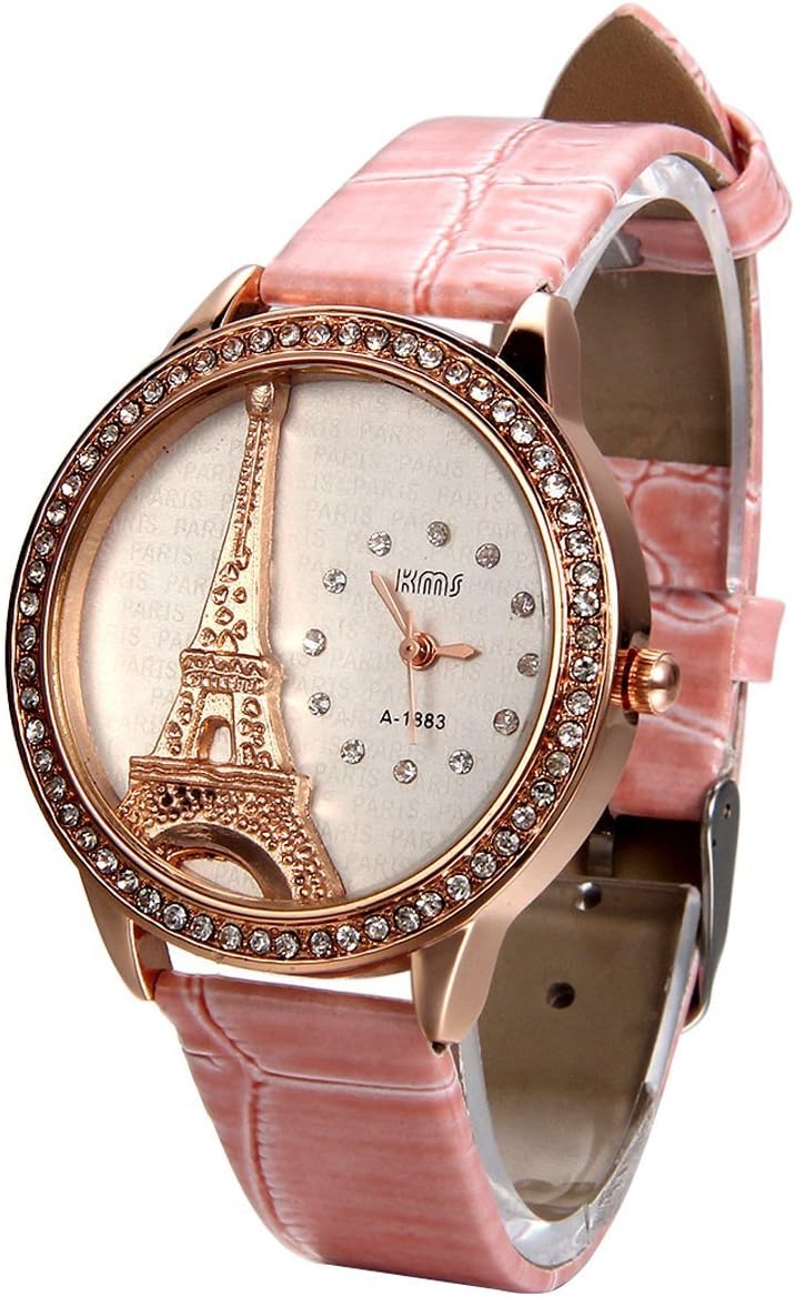 JewelryWeBling Rhinestone Accented Eiffel Tower Pink Leather Watch Ladies Women Watches, for Xmas