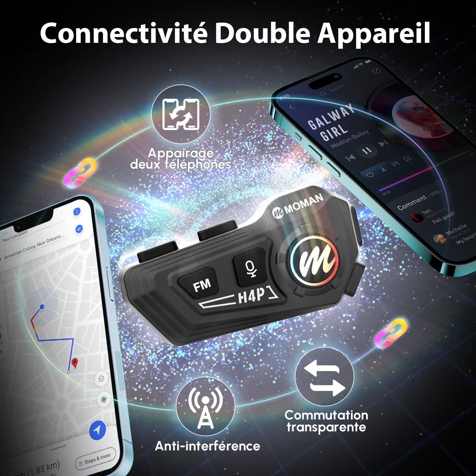 Moman Écouteurs Casque Moto-1000mAh Batterie, RS-H4P Kit Main Libre Moto avec HiFi Haut Parleur Micro Soft/Hard Double Réduction du Bruit RGB/Radio FM/AI Commande Vocale Étanche IPX6