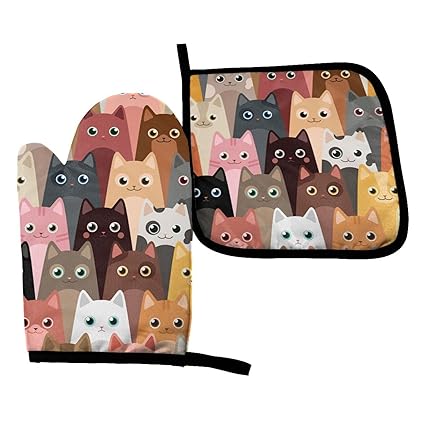 Abucaky Cartoon Cats Oven Mitts and Pot Holders Insulated Gloves & Kitchen Counter Safe Mats for Cooking BBQ Baking Grilling (2-Piece Set)