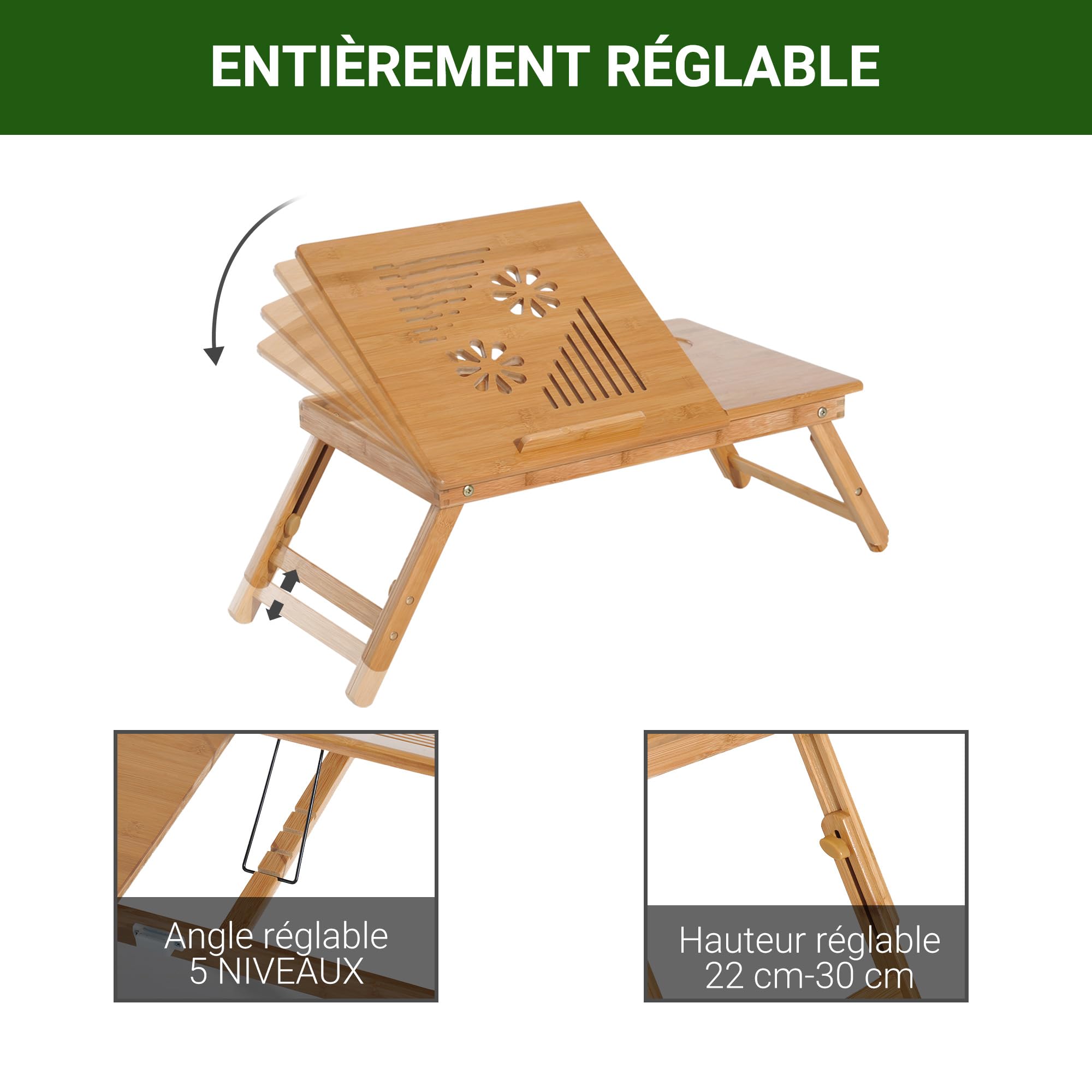HOMCOM Table de lit, Plateau pour Ordinateur, Table d'appoint en Bois de Bambou, Plateau inclinable, Pliable et réglable en Hauteur avec tiroir, 55 x 35 x 22-32,5 cm, Naturel