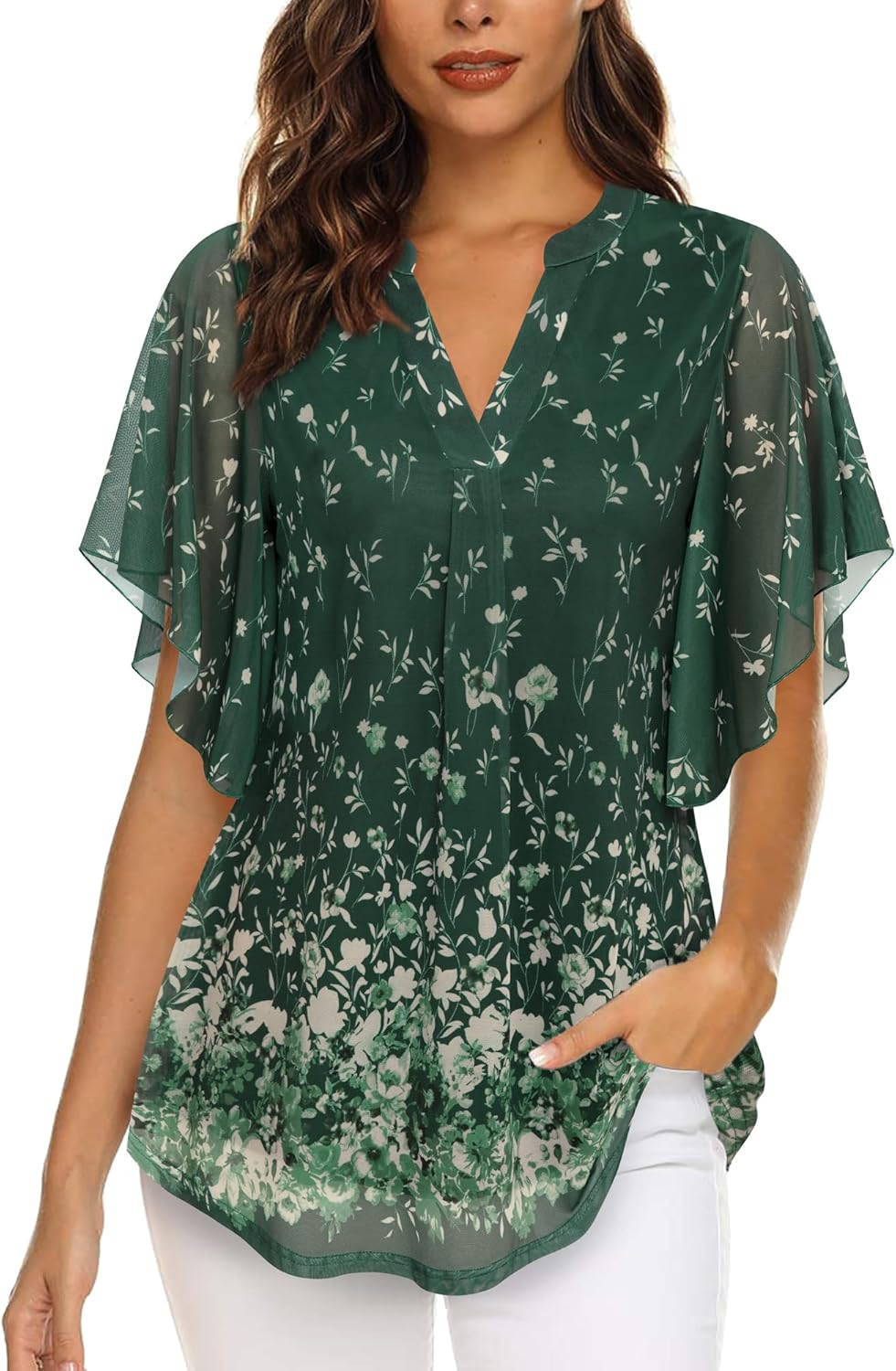 Timeson Women's Short Sleeve V Neck Blouses Shirts Floral Double Layers Mesh Tunics Tops - Image 2