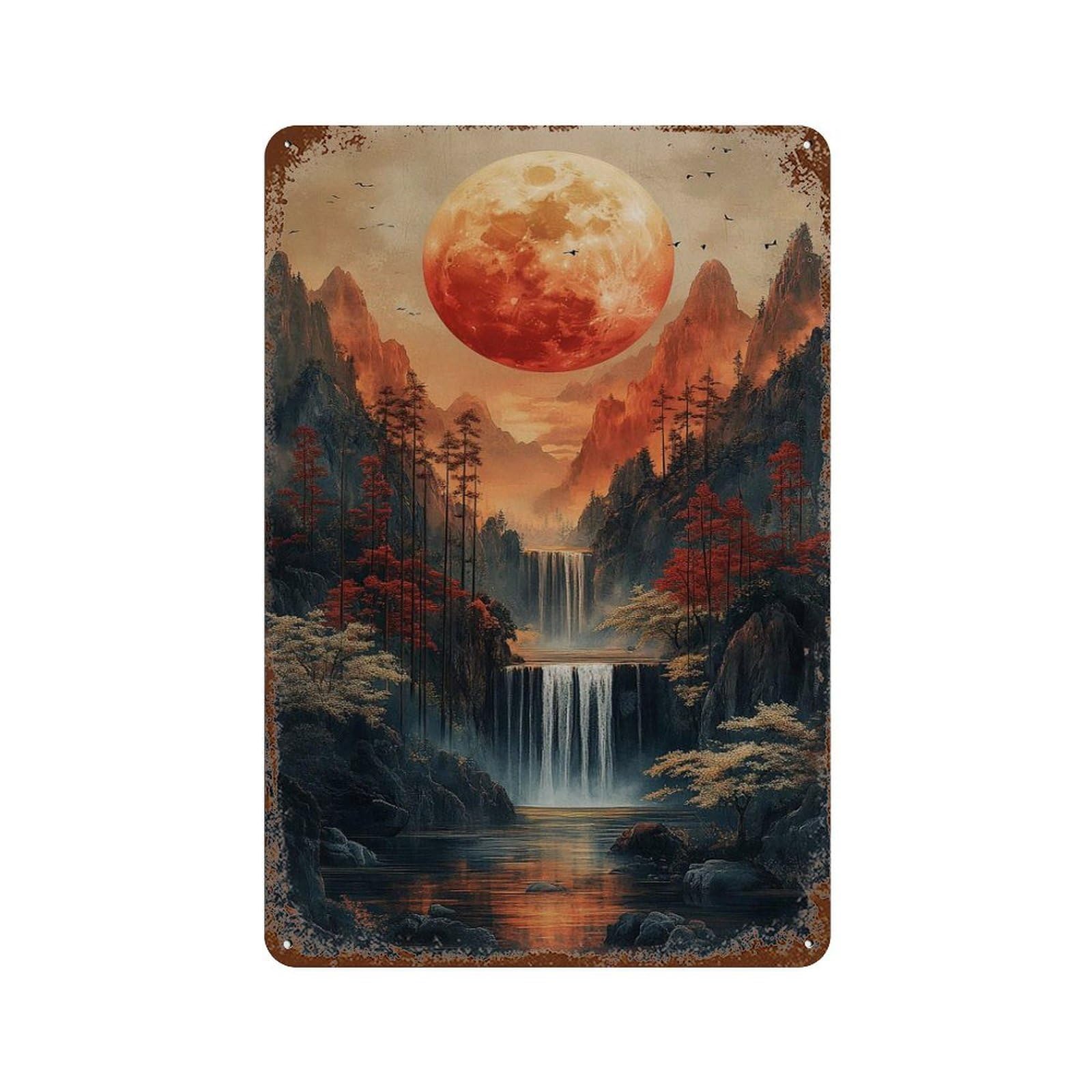 xiaoxiaoshen Red Moon Waterfall Asian Mountain Landscape Dramatic Nature Wall Decor Art Metal Tin Poster Modern Home Decor Art Home Bar Shop Decorations Vintage Sign 30x20cm