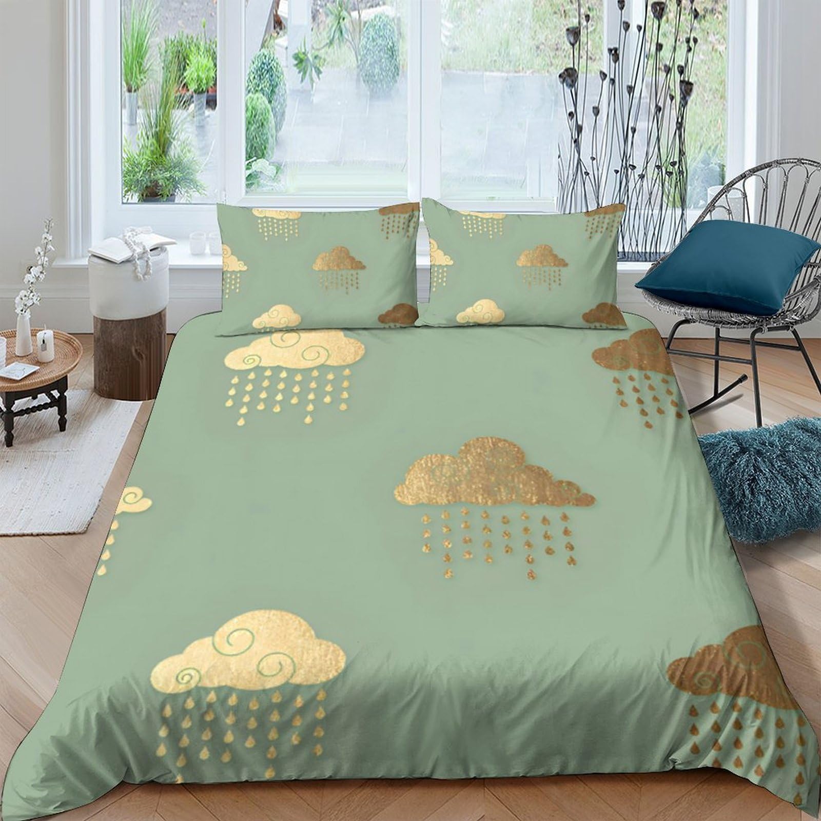 Ctjqhvkz Style-3 3D Printed Golden Cloud Fitted Sheet Microfiber Green Rain Bed Sheet For Bedroom Guest Room Dustproof Easy Care Single（135X200cm）