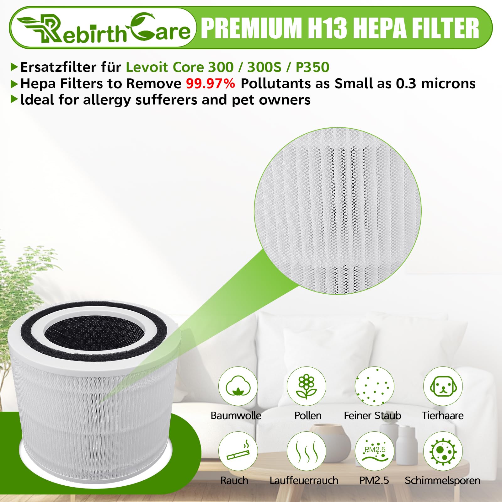 Filtri Ricambio Rebirthcare Per Purificatore Levoit Core P350 - 2 Pezzi HEPA 3 In 1